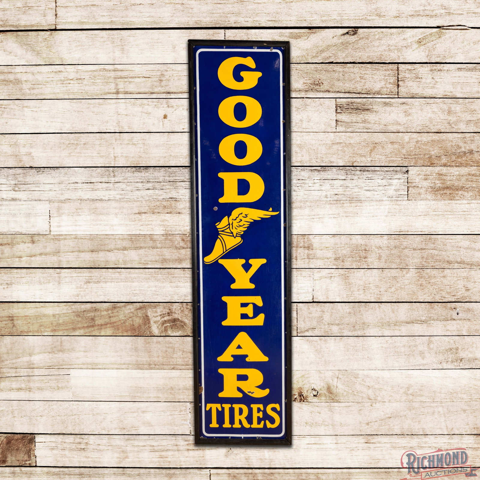 Goodyear Tires 8' Vertical Single Sided Porcelain Sign w/ Wingfoot: SSP (single sided porcelain) sign with a new wooden frame has good color and gloss. The field has surface wear with chips, fine scratches and areas of faint cloudiness to the blue porcelain enamel. Th
