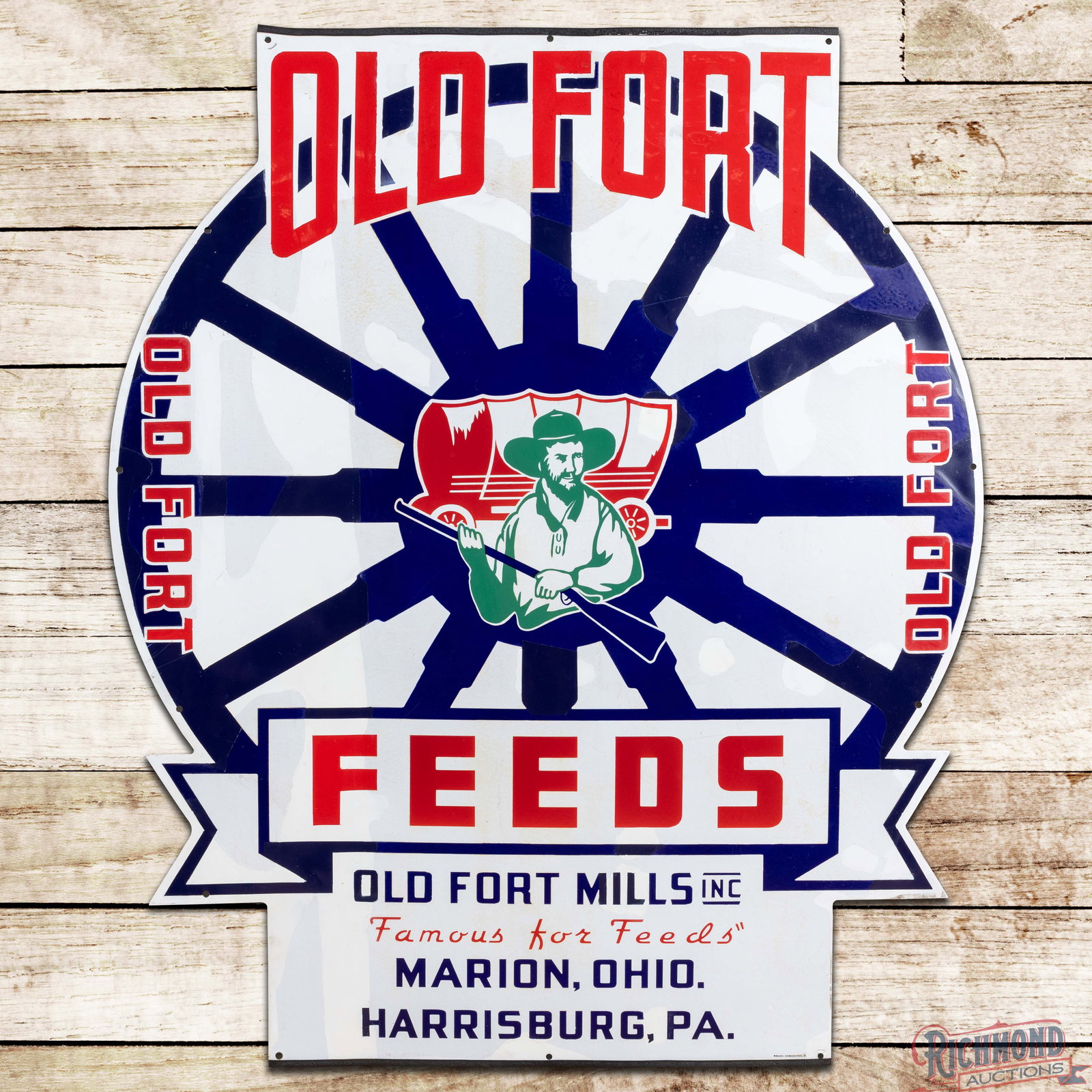 Old Fort Feeds "Famous for Feeds" Single Sided Porcelain Sign w/ Wagon Wheel: SSP (single sided porcelain) die cut sign has been restored. The sign has light bends throughout with minor wear and discoloration. Marked Beach Coshocton, O. The sign displays well with outstanding g