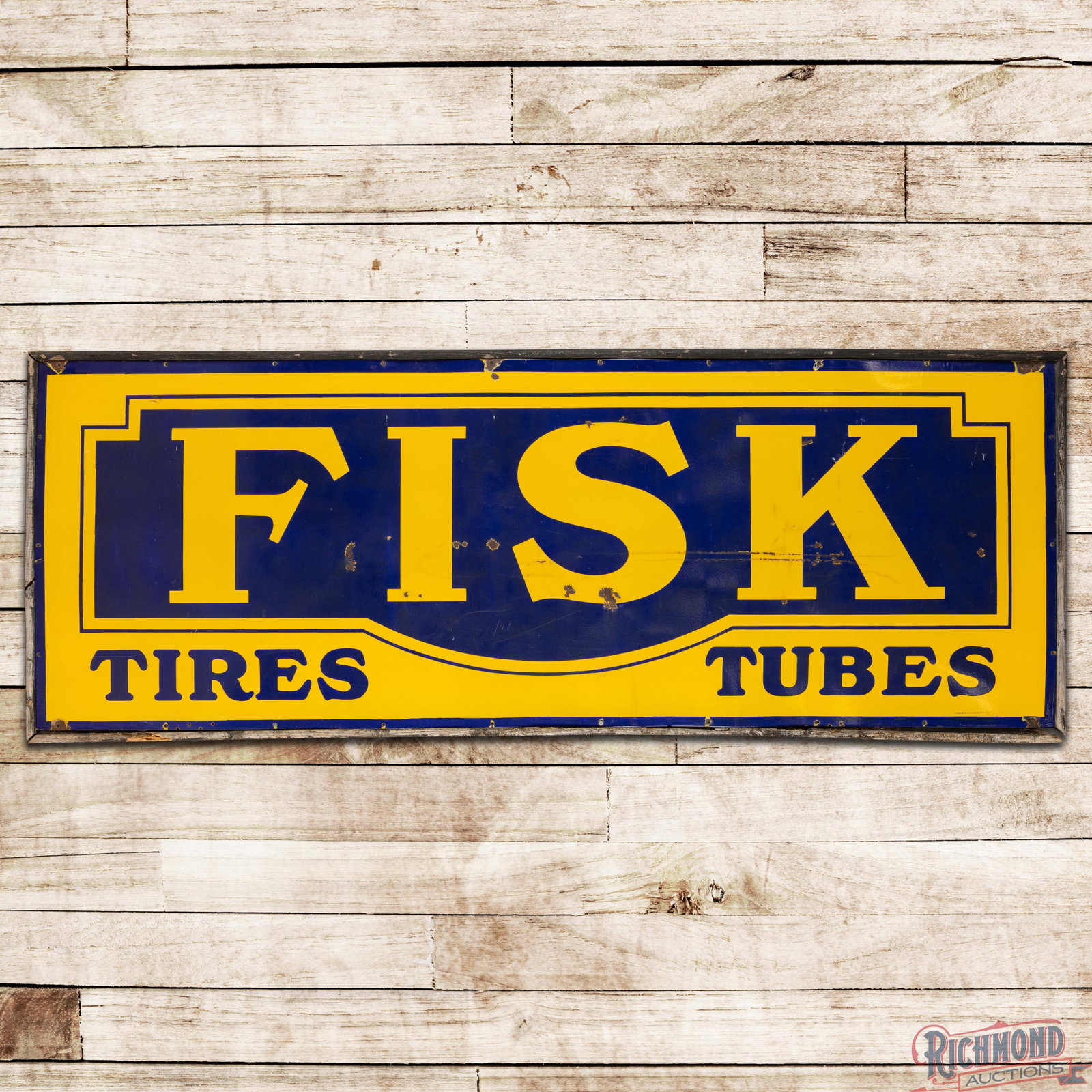 Fisk Tires Tubes 8' Single Sided Porcelain Sign: SSP (single sided porcelain) sign with the factory wooden support frame has good color and gloss. The field has surface wear with chips and a horizontal bend in the right field. The perimeter has chip