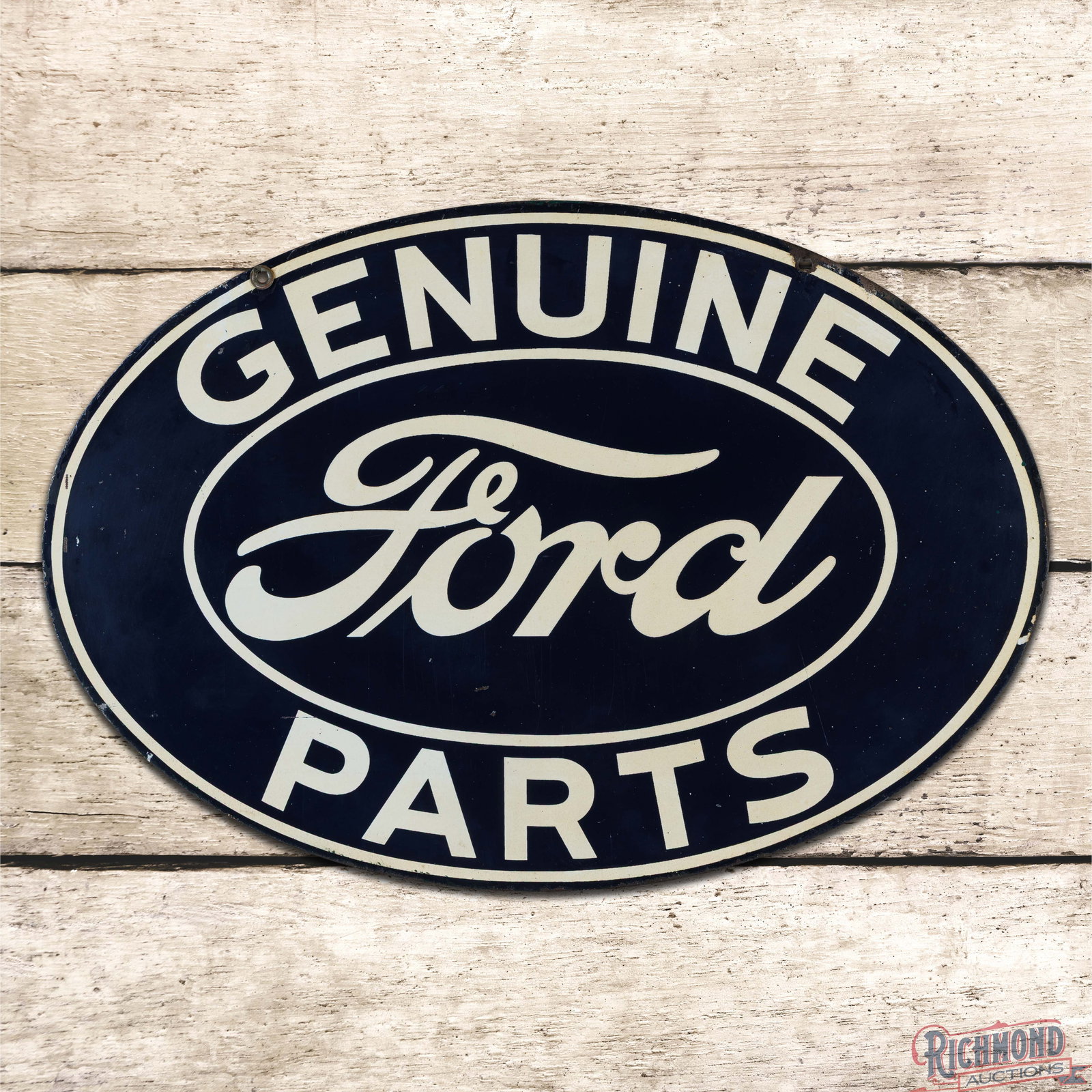 Ford Automobiles Genuine Parts Double Sided Tin Sign: DST (double sided tin) sign has good color and shine. The display has fine scratches with small paint chips and surface rubs. The perimeter has areas of toning and discoloration. The reverse is in a s
