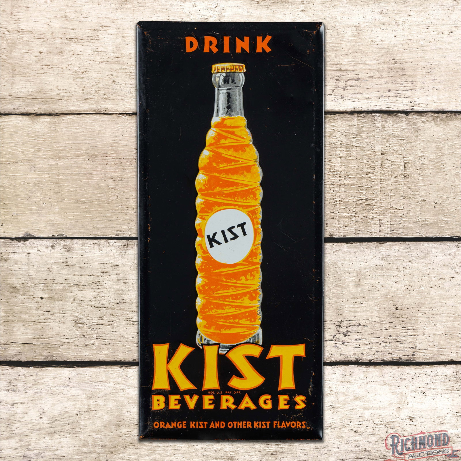 Drink Kist Beverages Emb. Single Sided Tin Sign w/ Bottle: SST (single sided tin) embossed sign with cardboard reverse has very good color and shine. The display has light surface wear with small indentations on the upper right corner. The perimeter has fine 