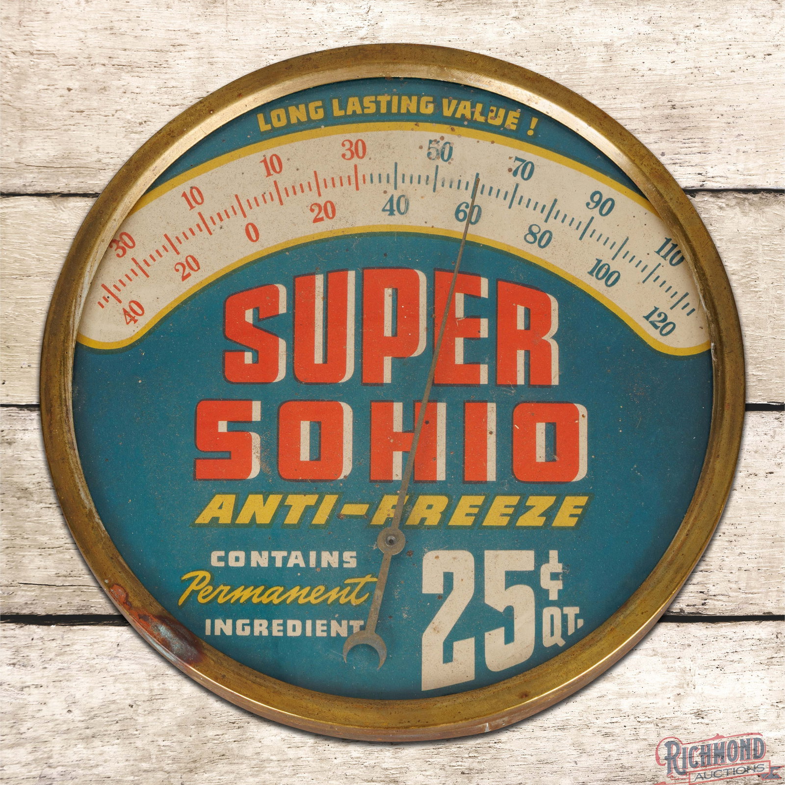 Rare Super Sohio Anti-Freeze "Long Lasting Value" 9" Scale Advertising Thermometer: Glass faced advertising thermometer has very good color. The thermometer works however it appears to read lower than the actual temperature. The inner face has light wear with toning and spotting. The