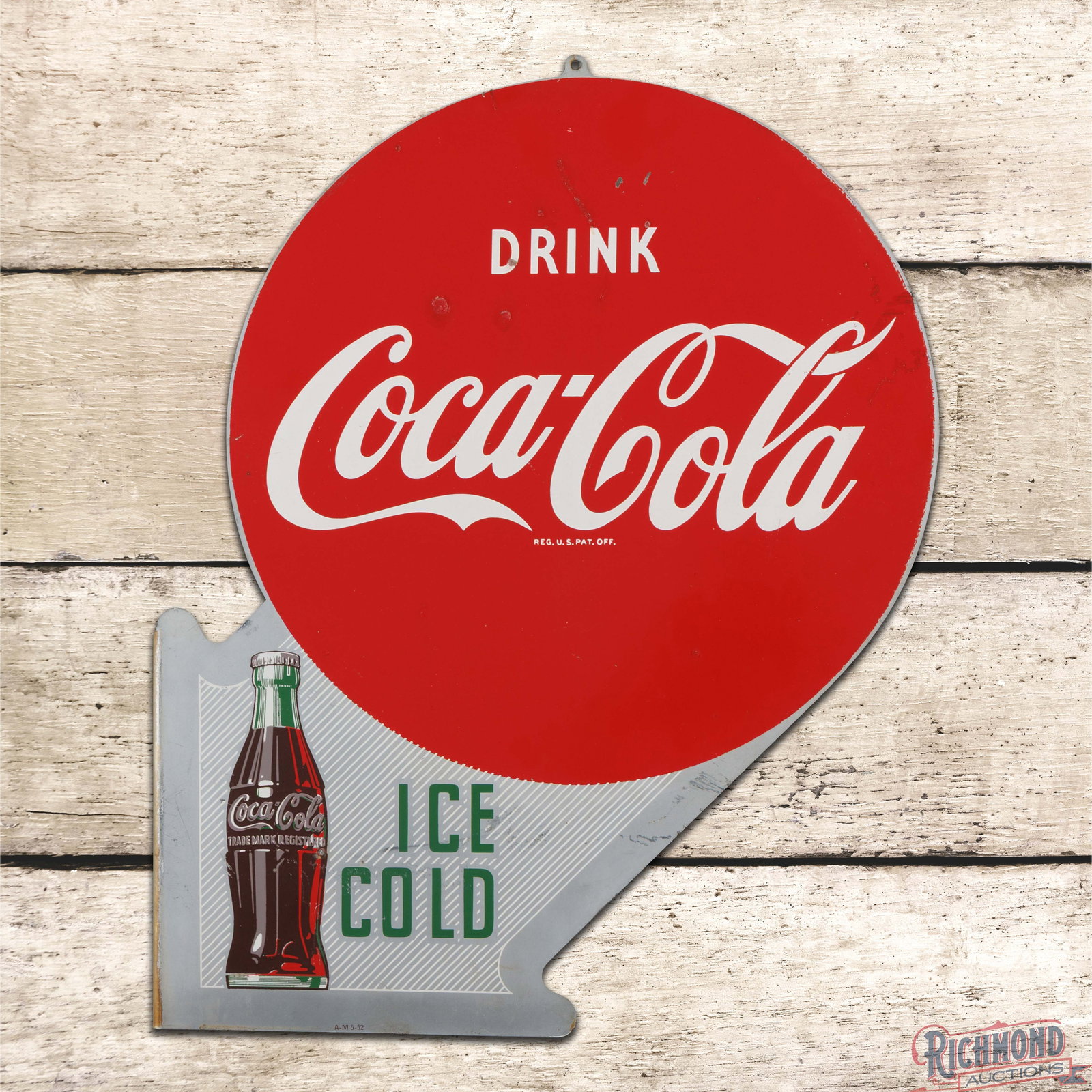 1952 Drink Coca Cola Double Sided Tin Flange Sign w/ Bottle: DST (double sided tin) flange has good color and shine. The display has fine scratches with surface wear and areas of color match. The perimeter has wash on the upper left edge with small bends at the
