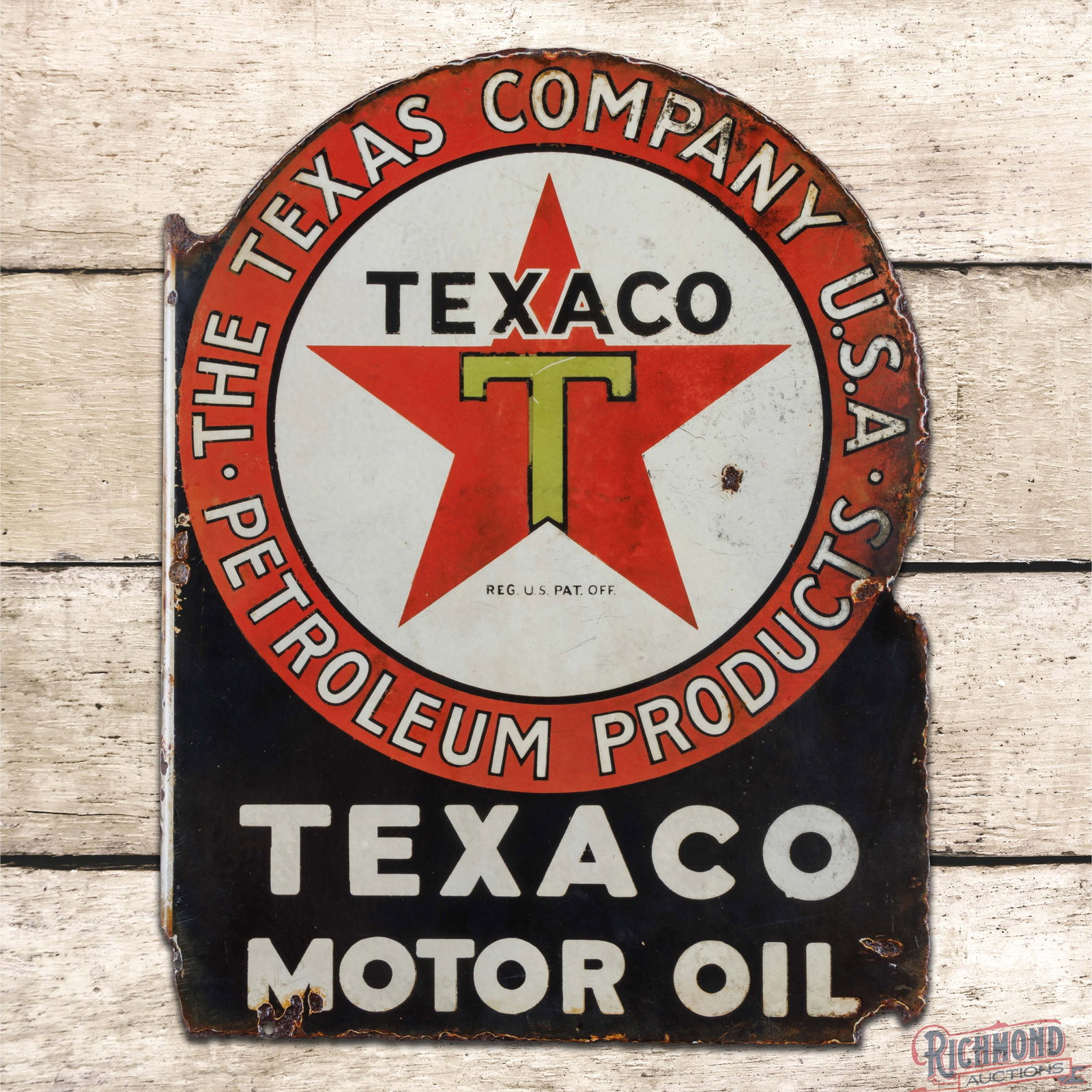 Texaco Motor Oil "The Texas Company" Double Sided Porcelain Flange Sign w/ Logo "Black T": DSP (double sided porcelain) flange has good color. Both sides exhibit added clear coat to enhance the finish. The display has wear with chips, scratches and discoloration. The perimeter has metal los