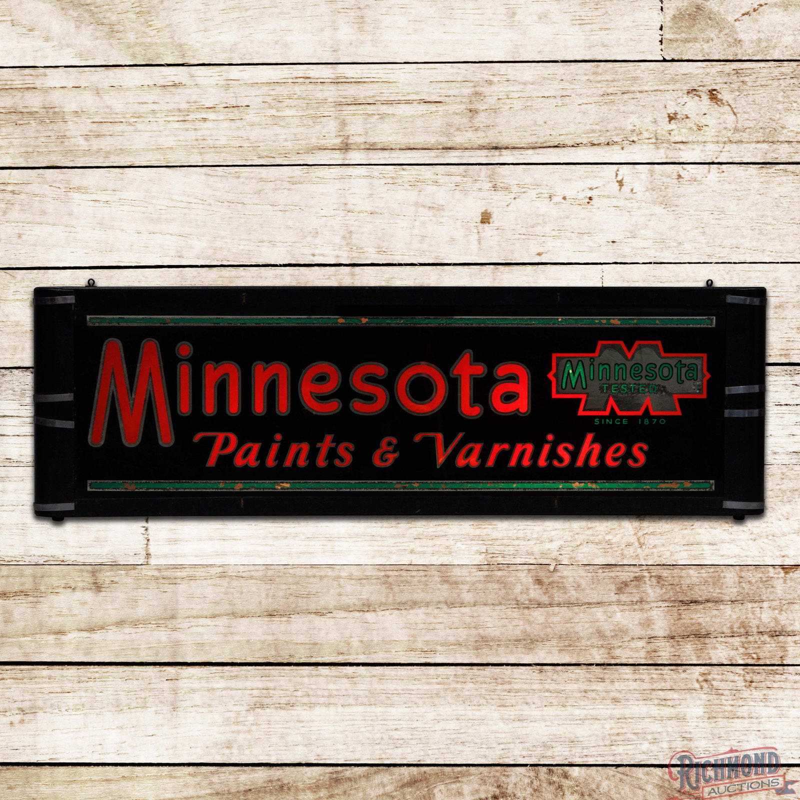 Minnesota Paints & Varnishes Reverse Painted Glass Lighted Advertising Sign: Reverse painted glass sign with the original metal can has very good color. The light works properly. The glass face has areas of flaking in the logo and outer edges. The metal can has been repainted 