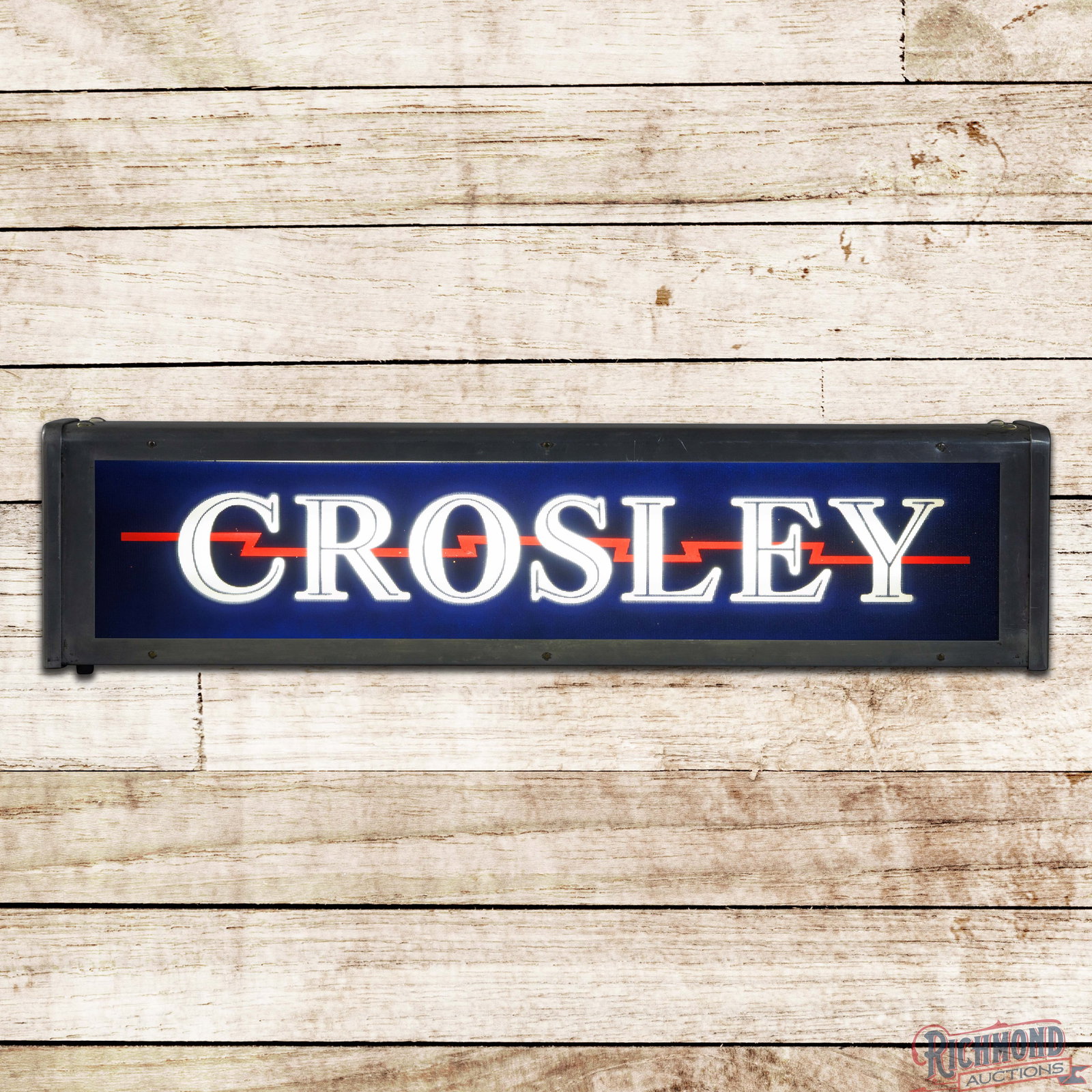 Crosley Reverse on Glass Lighted Advertising Sign: Reverse on glass internally lighted sign with a metal can works properly. The face has been replaced and is in excellent condition with vibrant colors. The metal can has light age related wear present
