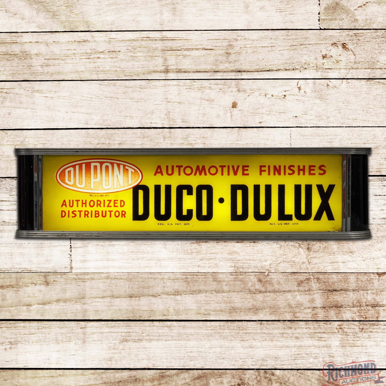 Dupont Automotive Finishes Authorized Distributor Reverse on Glass Lighted Advertising Sign: Reverse on glass internally lighted sing with a metal can works properly. The face has very good color with fading to the logo and a 1.5" chip on the lower right corner. The metal can is in very good 