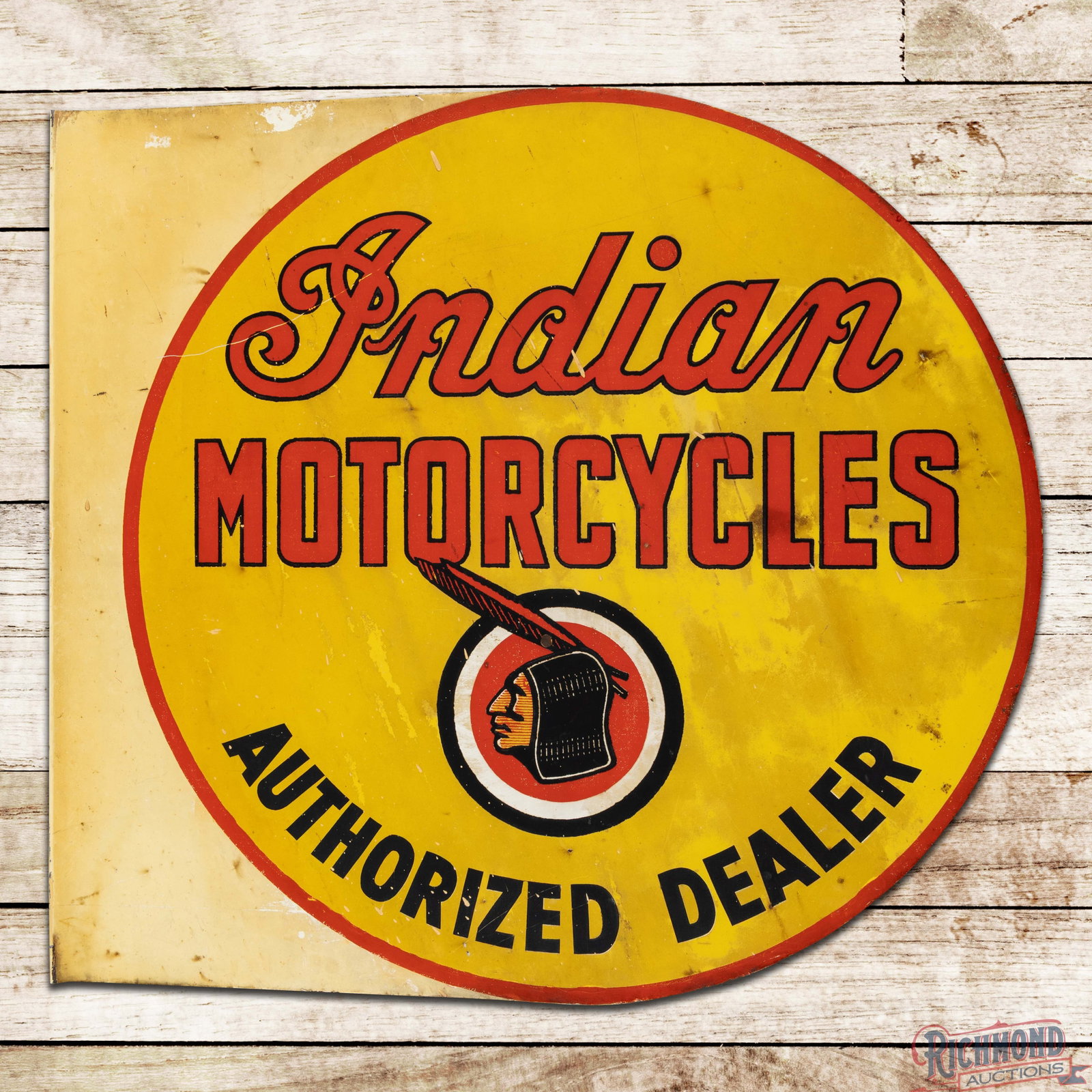 Scarce Indian Motorcycles Authorized Dealer Double Sided Tin Flange Sign w/ Logo: Amazing DST (double sided tin) die cut flange has very good color and shine. The display has general toning with light wear, a paint chip in the field and errant paint drips in the outer fields. The l