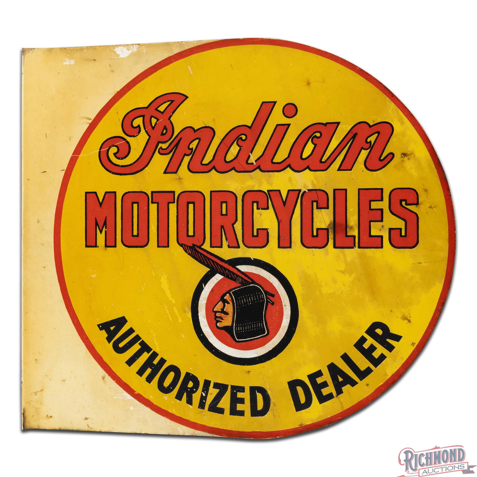 Scarce Indian Motorcycles Authorized Dealer Double Sided Tin Flange Sign w/ Logo - 2