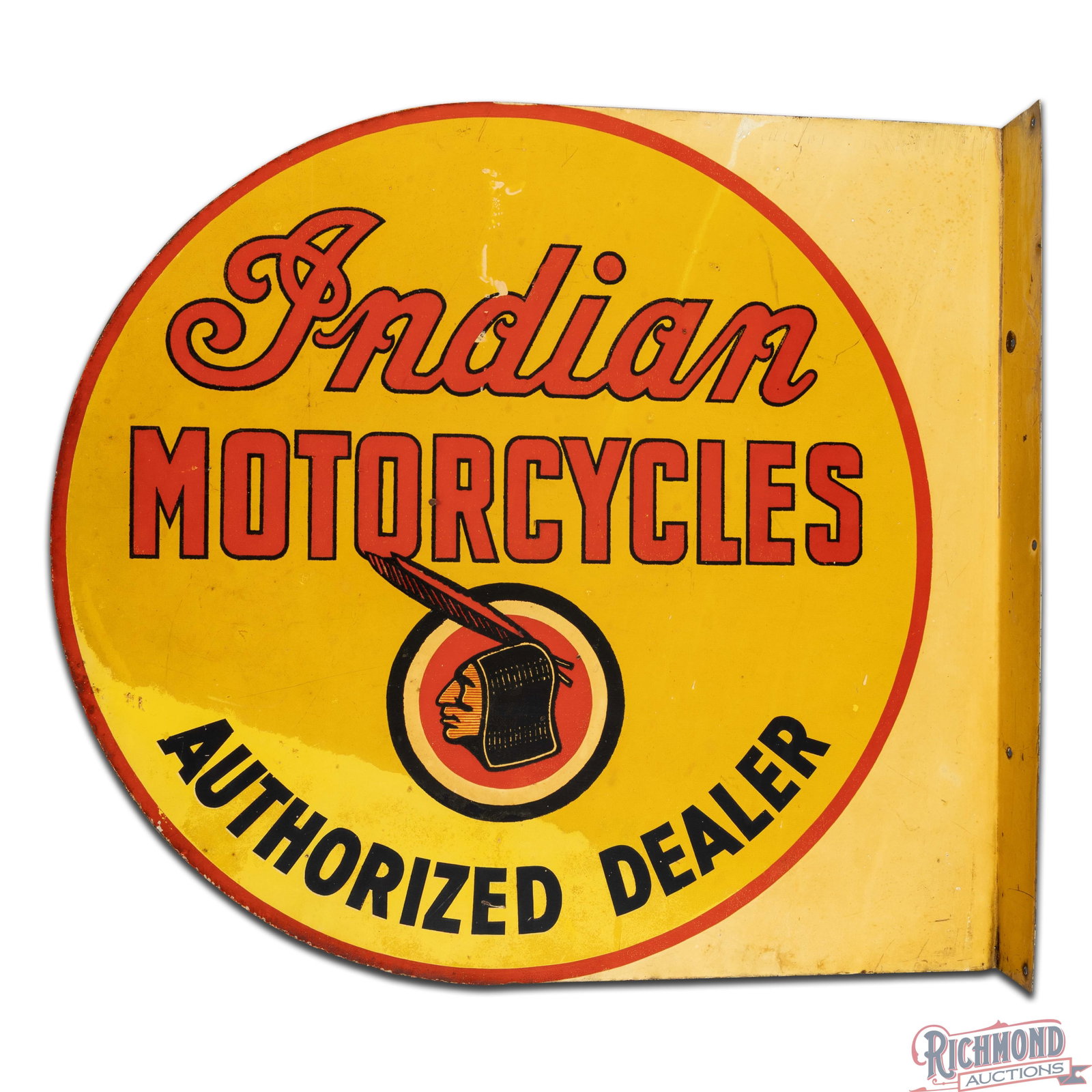 Scarce Indian Motorcycles Authorized Dealer Double Sided Tin Flange Sign w/ Logo - 3