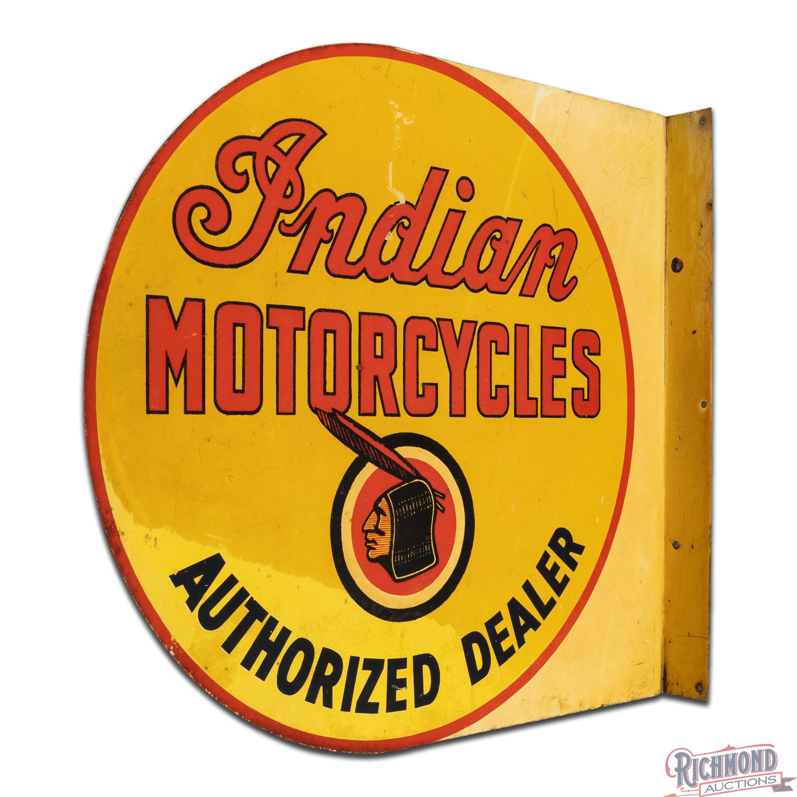 Scarce Indian Motorcycles Authorized Dealer Double Sided Tin Flange Sign w/ Logo - 4