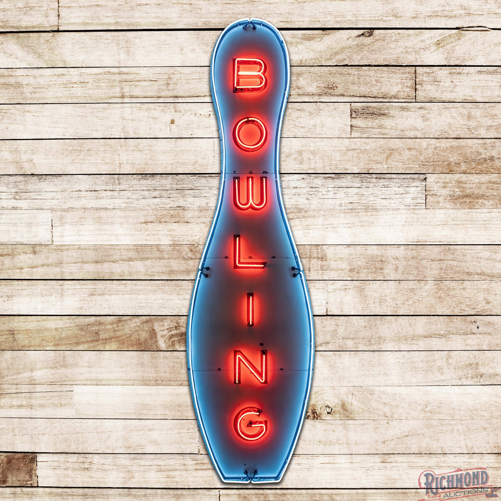 Amazing Bowling Alley Pin 18' Die Cut Single Sided Porcelain Factory Neon Sign "Large": Outstanding SSP (single sided porcelain) die cut factory neon bowling pin sign with a new metal can has good color and gloss. The field has chips, unused stand support holes and areas of discoloration