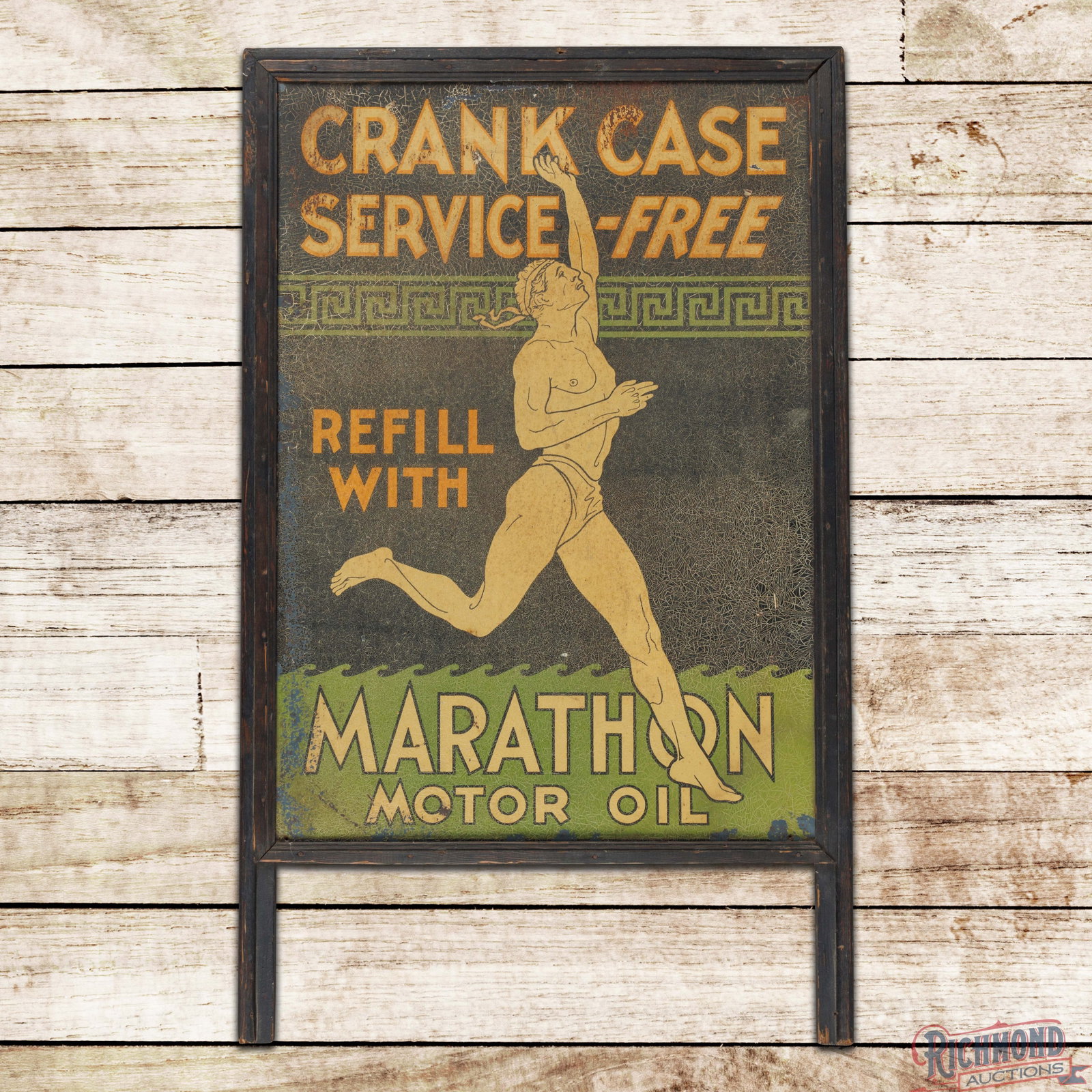 Scarce Crank Case Service Free Refill With Marathon Motor Oil Single Sided Tin Sign w/ Wooden Frame: SST (single sided tin) sign with the factory wooden frame has good color and shine. This is the only example of this sign that we have seen. The sign features classic Marathon colors with a detailed "