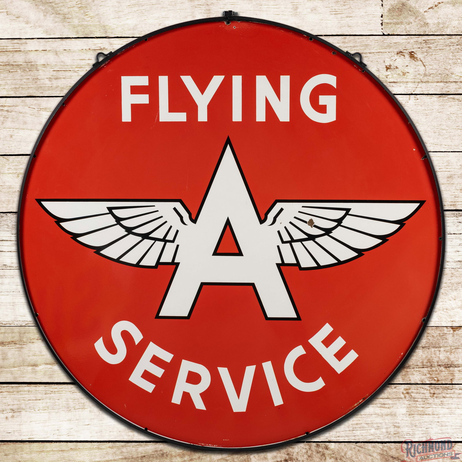 Flying A Service 6' Double Sided Porcelain Logo ID Sign w/ Ring: DSP (double sided porcelain) sign with ring has excellent color and gloss. Side #1 has light wear with small chips in the field and minor crazing in the left field. The perimeter has small chips at th