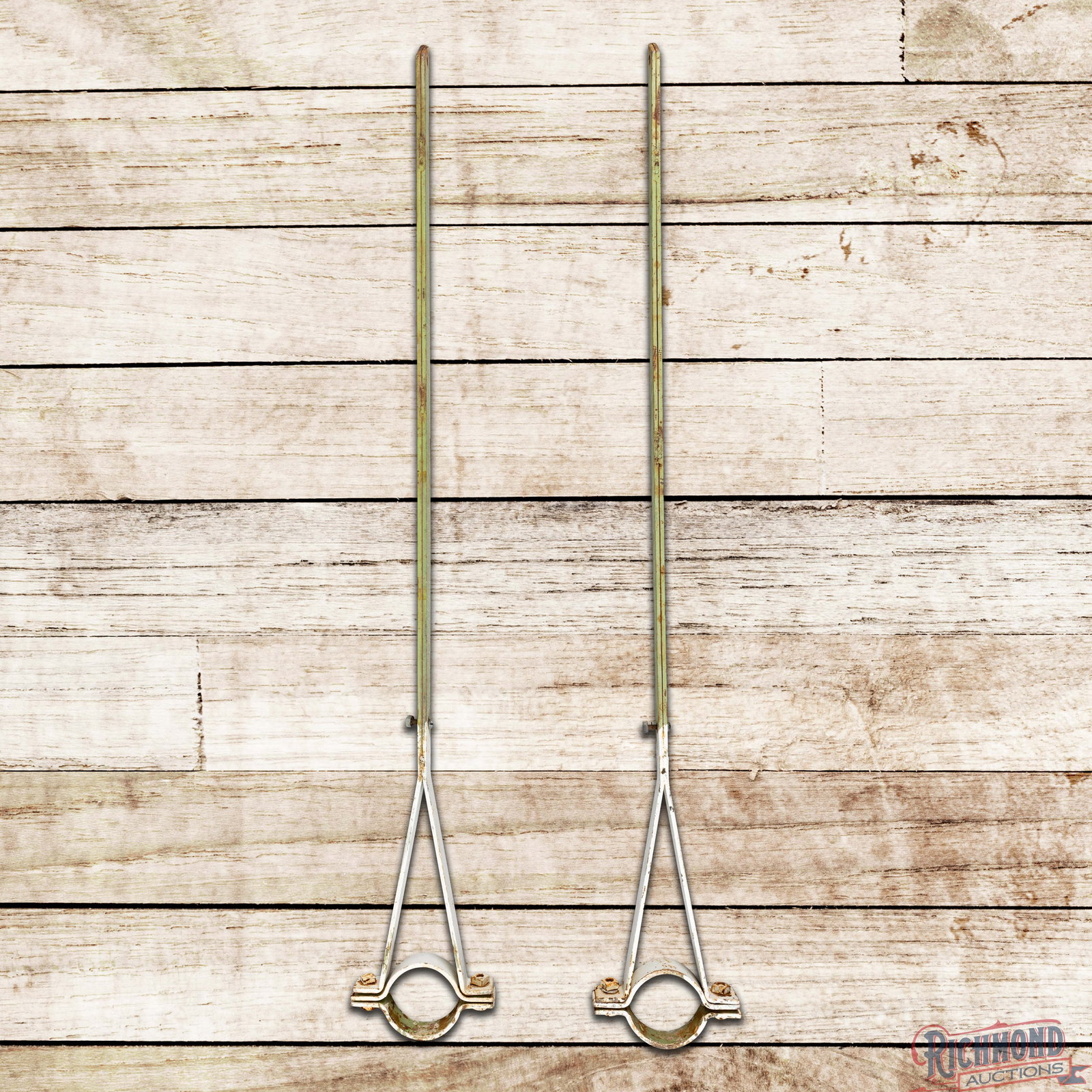 Rare Original Flying A Gasoline 2 Piece Metal Pole Mount Bracket: Original Flying A pole mount brackets for the 48" x 62" embossed convex button signs. The brackets are in very good condition, retaining original paint with areas of errant white paint. One bracket ha