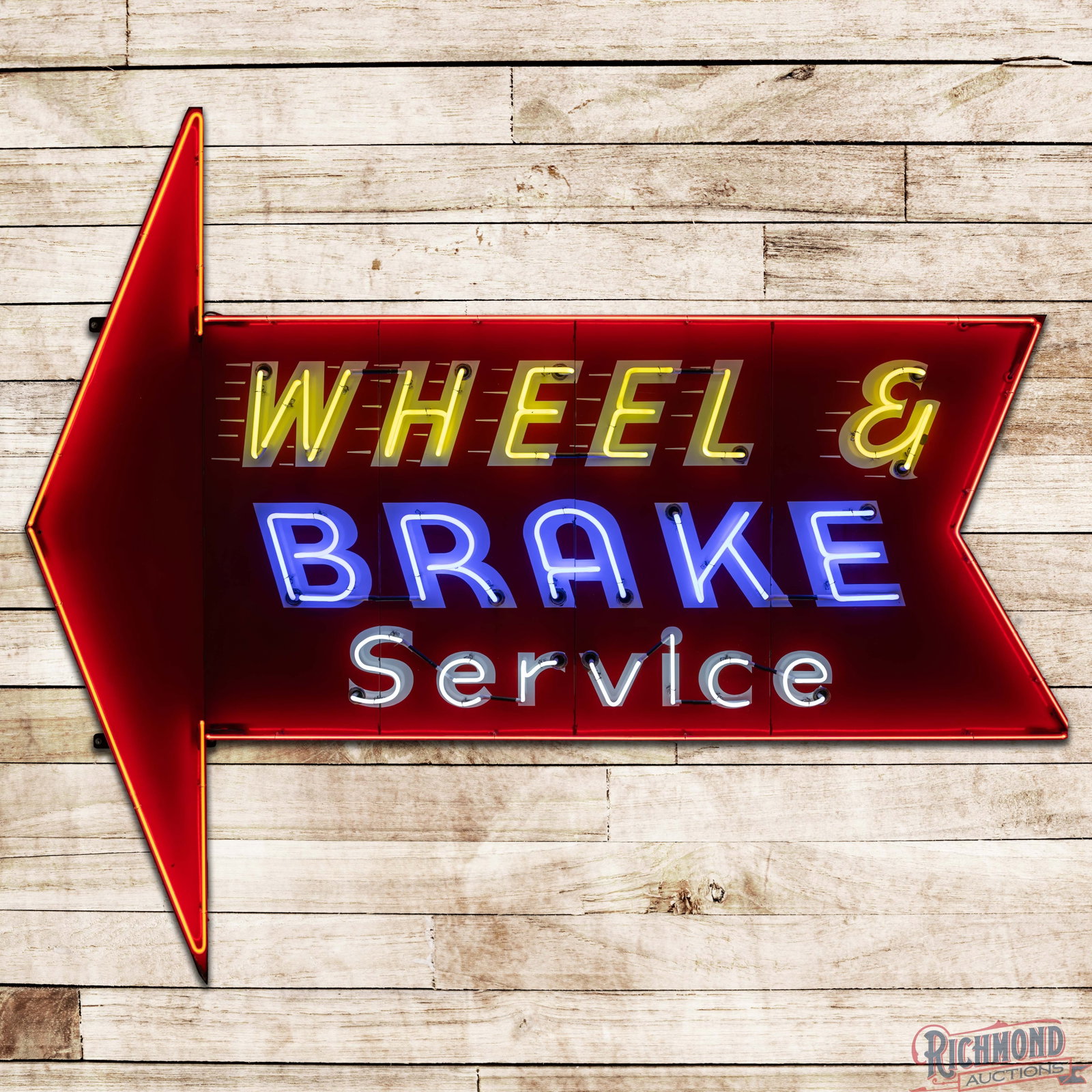 Wheel & Brake Service 10' Die Cut Single Sided Porcelain Factory Neon Sign w/ Arrow (1 of 6)