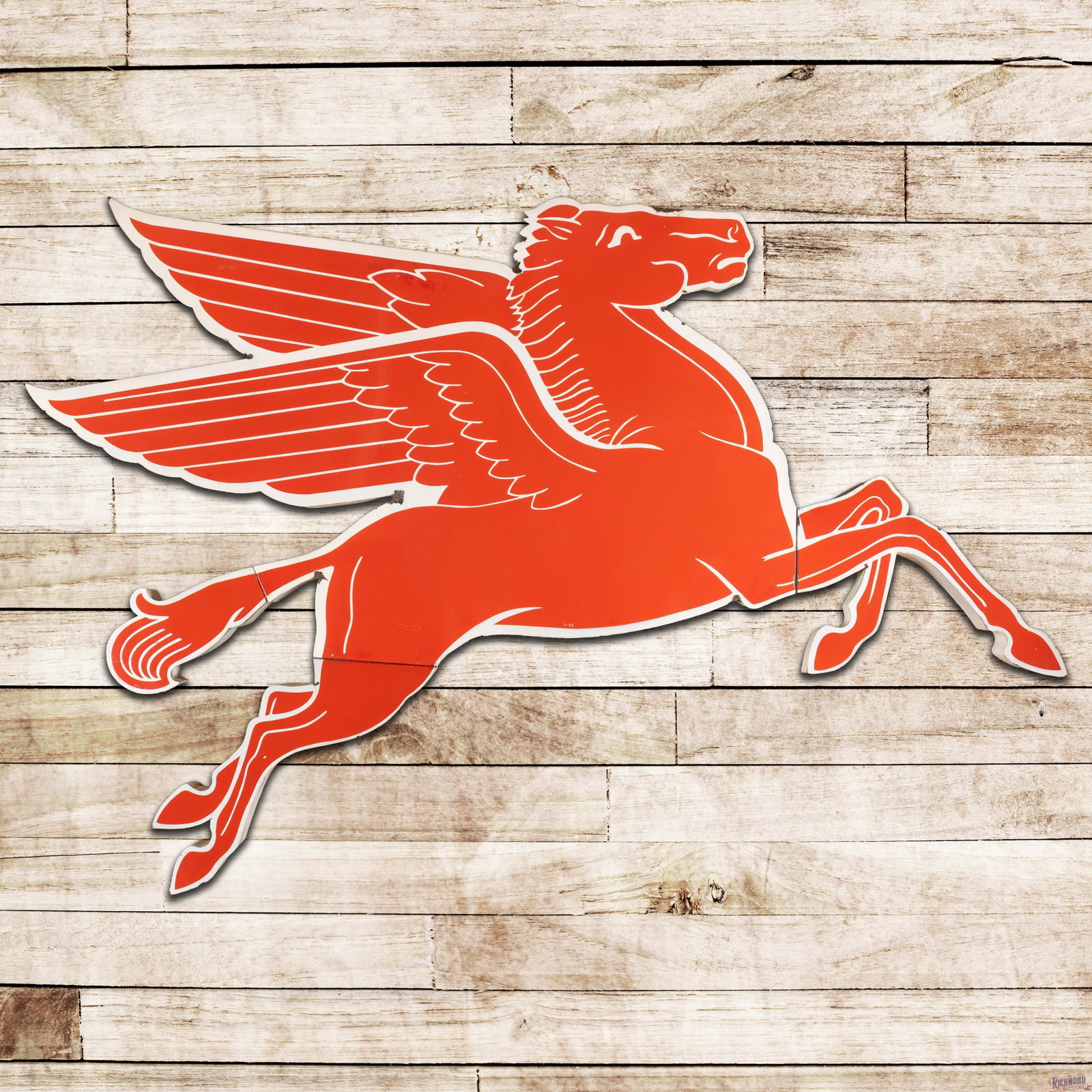 1955 Mobil Pegasus Cookie Cutter Sign "Right Facing": SSP (single sided porcelain) multi-piece cookie cutter sign has very good color and gloss. The field has light surface wear with tiny flea bites in the field. The perimeter has light wear with areas o