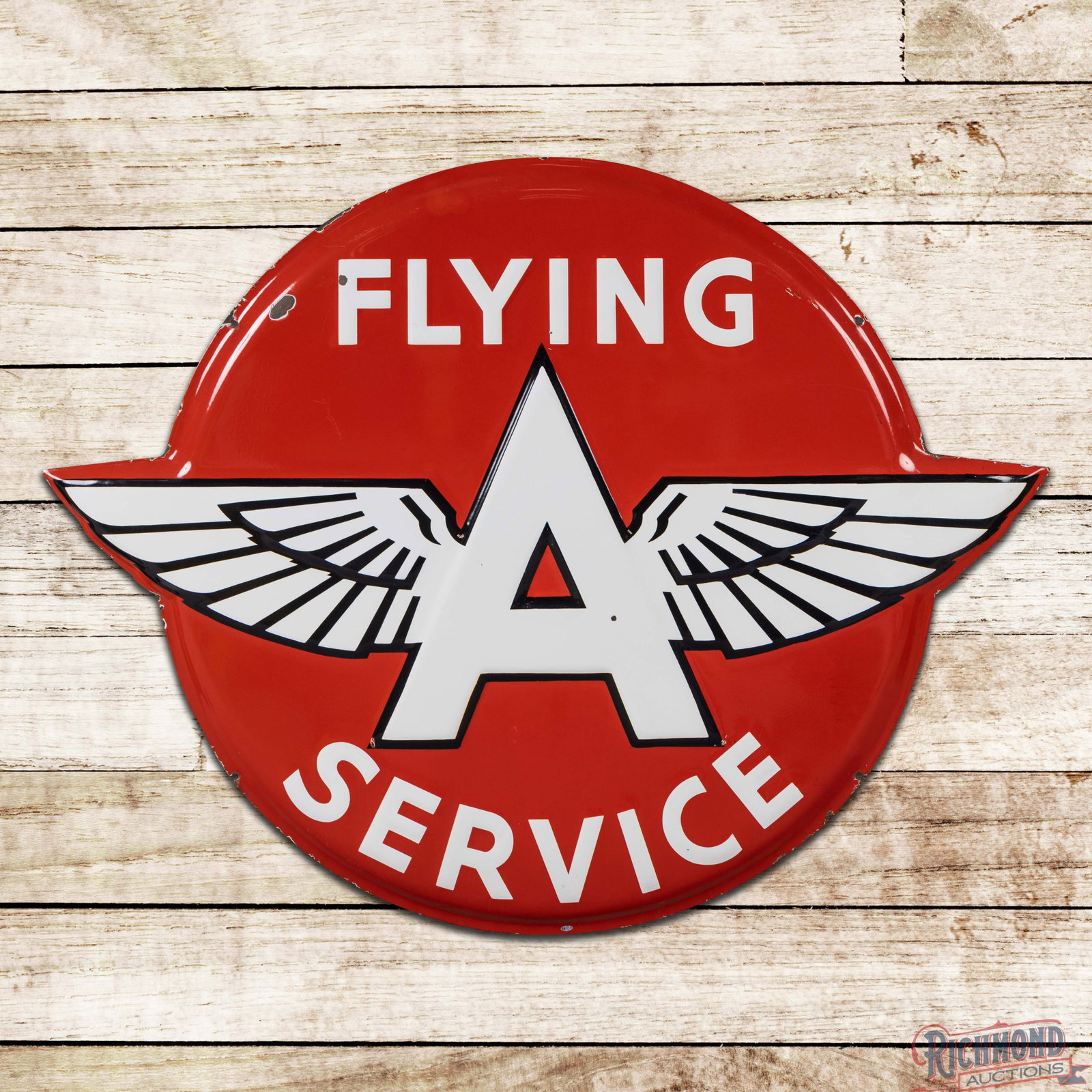 Flying A Service Gasoline 48" Die Cut Emb. Single Sided Porcelain Button Sign: SSP (single sided porcelain) embossed die cut convex sign has excellent color and gloss. The display has small chips in the field with a larger chip in the upper left outer field. The perimeter has sm