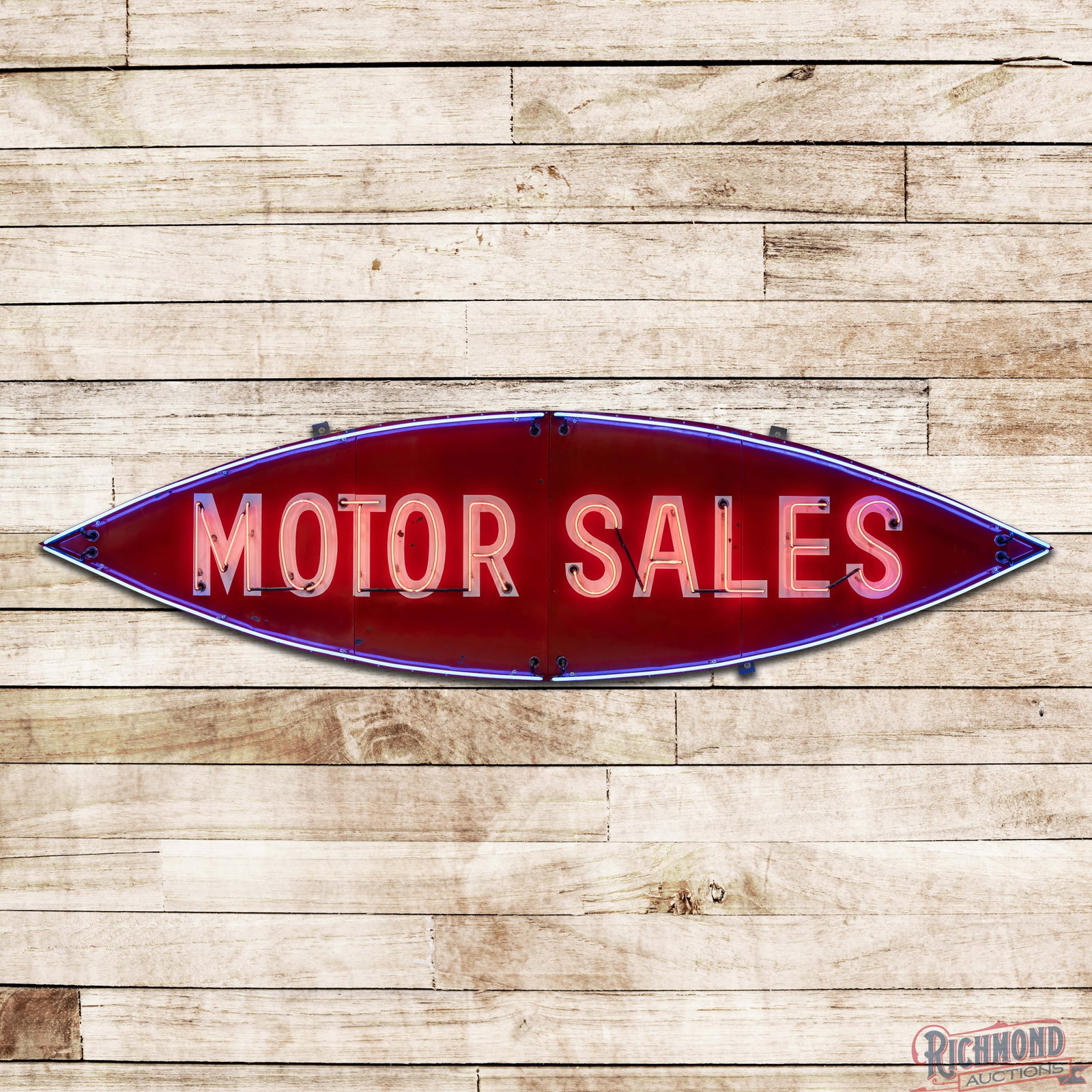 Motor Sales 15' Die Cut Single Sided Porcelain Factory Neon Sign: SSP (single sided porcelain) multi-piece factory neon sign with metal can has excellent color and gloss. The sign is very clean overall with light surface wear, chips and unused mount holes in the fie