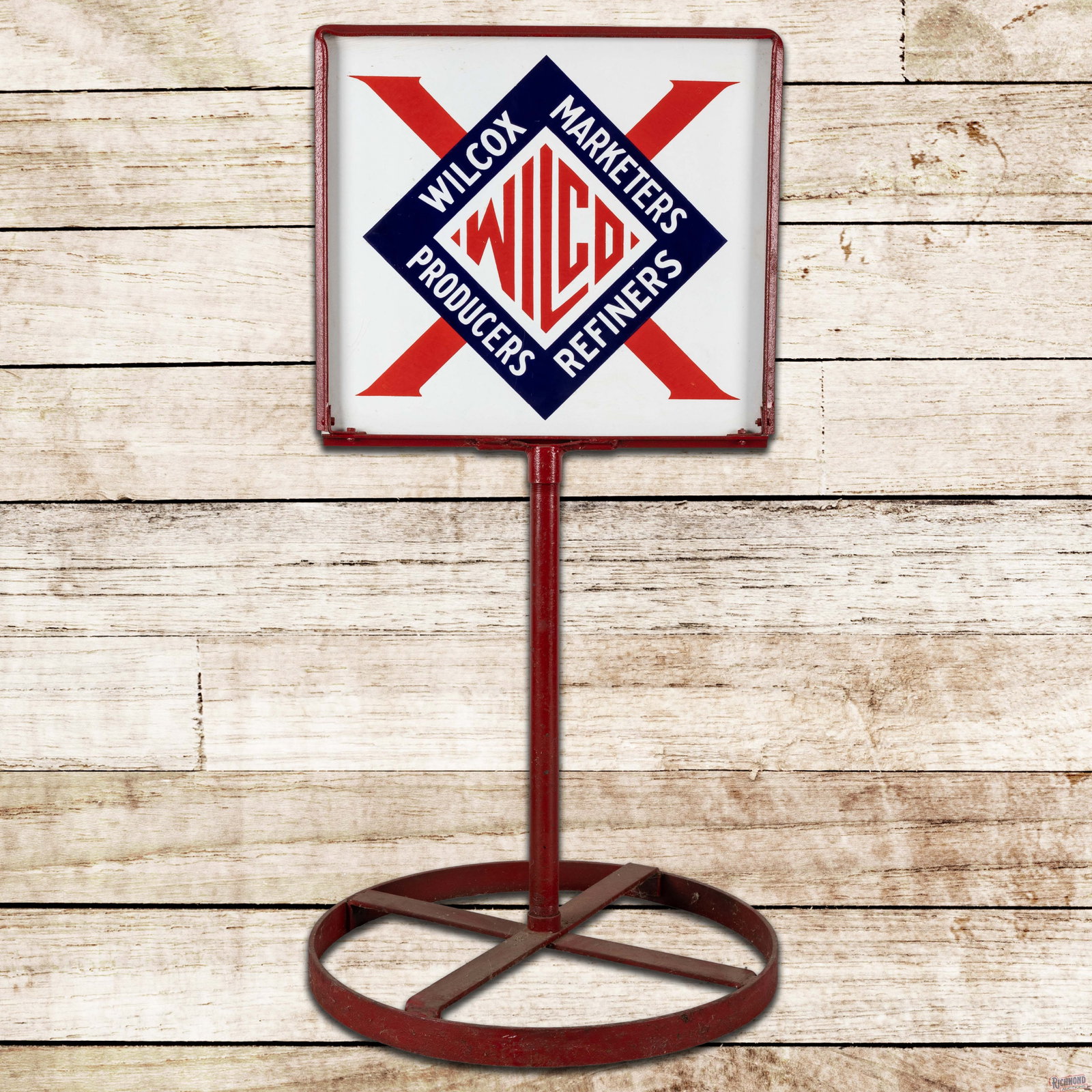 Rare Wilcox "Wilco" Marketers Producers Refiners Gasoline Motor Oils Porcelain Curb Sign: Rare DSP (double sided porcelain) curb sign with the factory frame, pole and strap base has excellent color and gloss. Side #1 has a clean field with a few tiny discolored spots in the white outer fie
