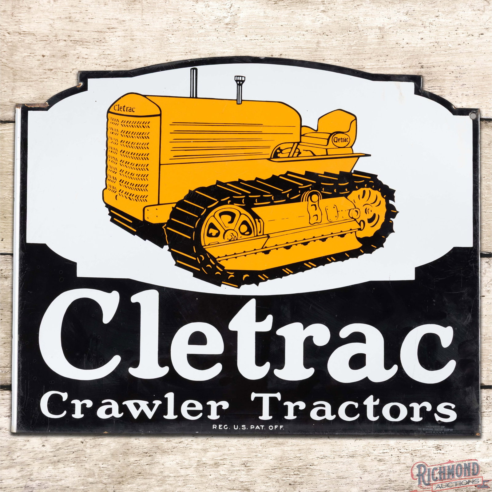 Cletrac Crawler Tractors Double Sided Porcelain Flange Sign: DSP (double sided porcelain) die cut flange has outstanding color and gloss. Side #1 is extremely clean overall with minor surface imperfections and small fine scratches in the lower outer fields. The