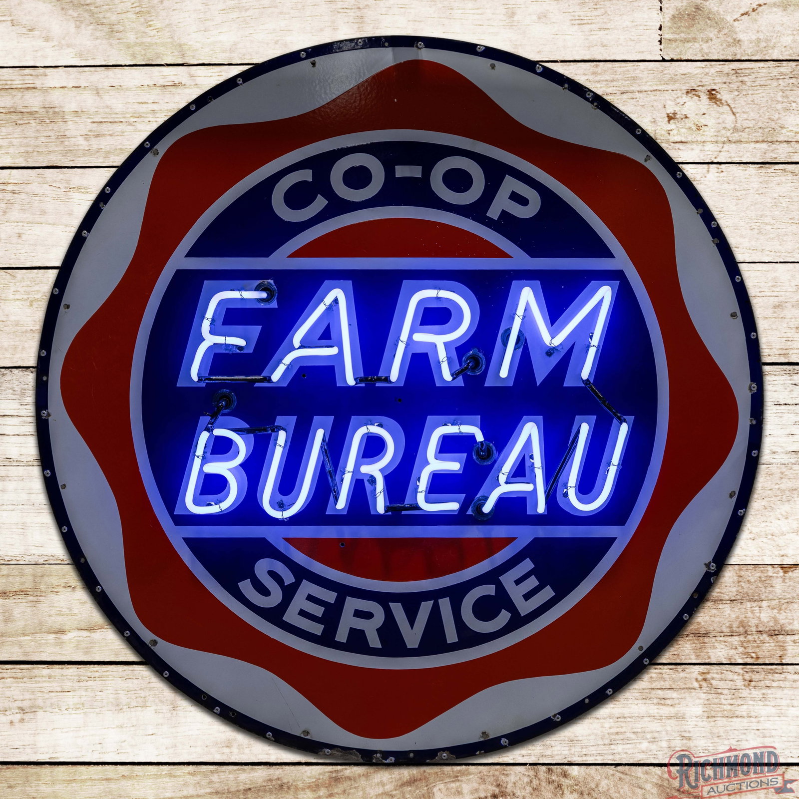Farm Bureau CO-OP Service 4' Single Sided Porcelain Factory Neon Sign: SSP (single sided porcelain) factory neon sign, mounted on a new metal can has excellent color and gloss. The display has light surface wear with small chips at the neon stand supports. The outer fiel
