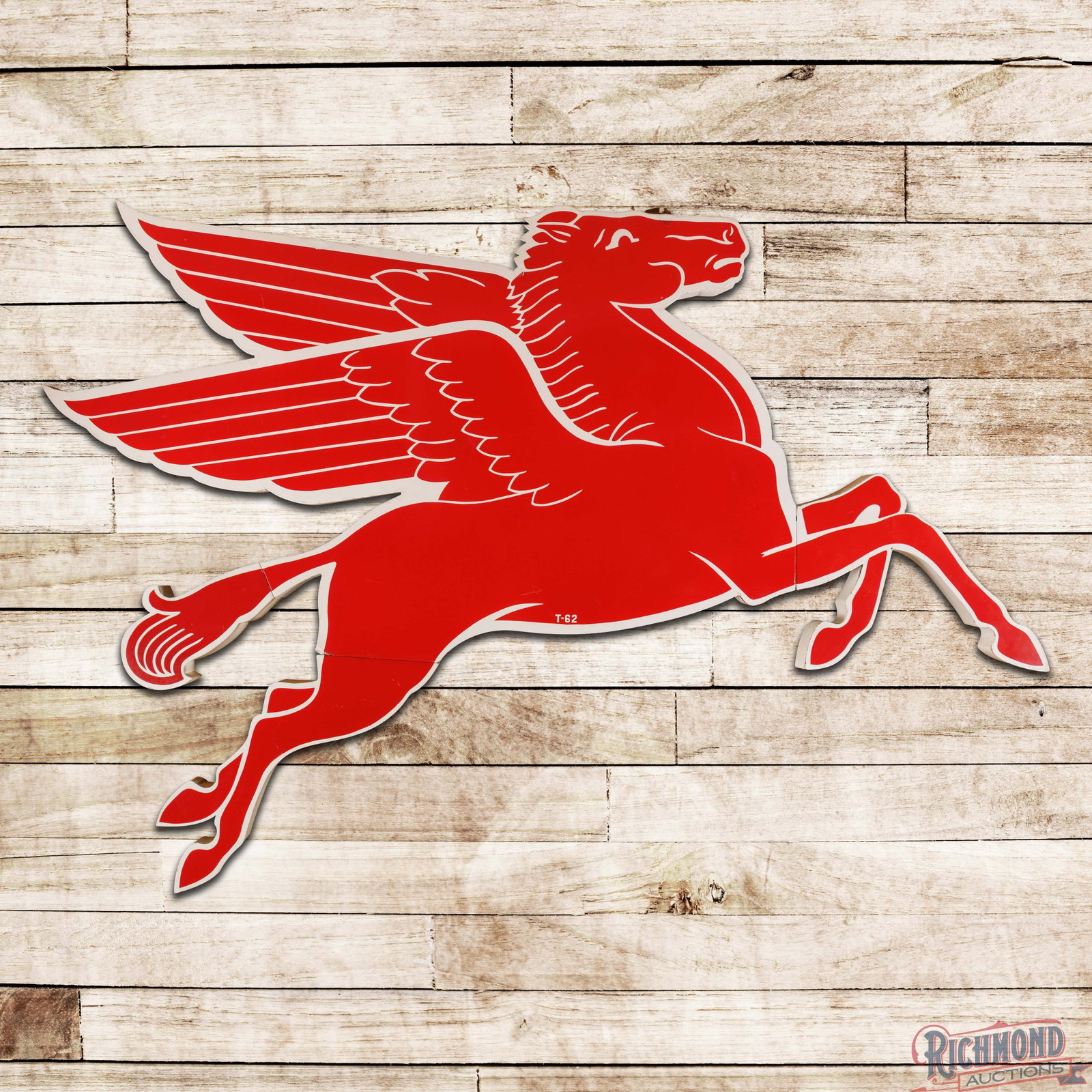 1962 Mobil Pegasus Cookie Cutter Single Sided Porcelain Sign "Right Facing": SSP (single sided porcelain) four-piece cookie cutter sign has excellent color and gloss. The field exhibits light surface wear with fine scratches. The perimeter has color matched chips and the white