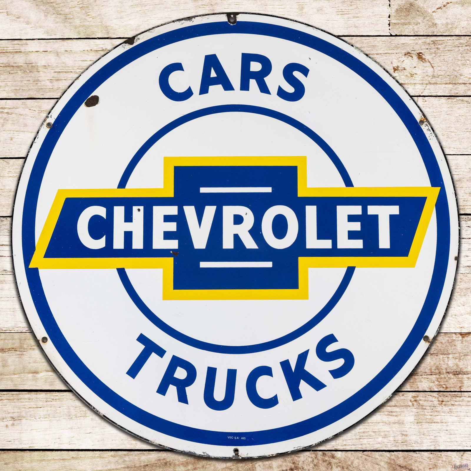 Chevrolet Cars Trucks 36" Single Sided Porcelain Sign w/ Bowtie Logo: SSP (single sided porcelain) sign has excellent color and gloss. The field exhibits light wear with chips and tiny errant paint drips throughout. The outer field and perimeter have areas of discolorat