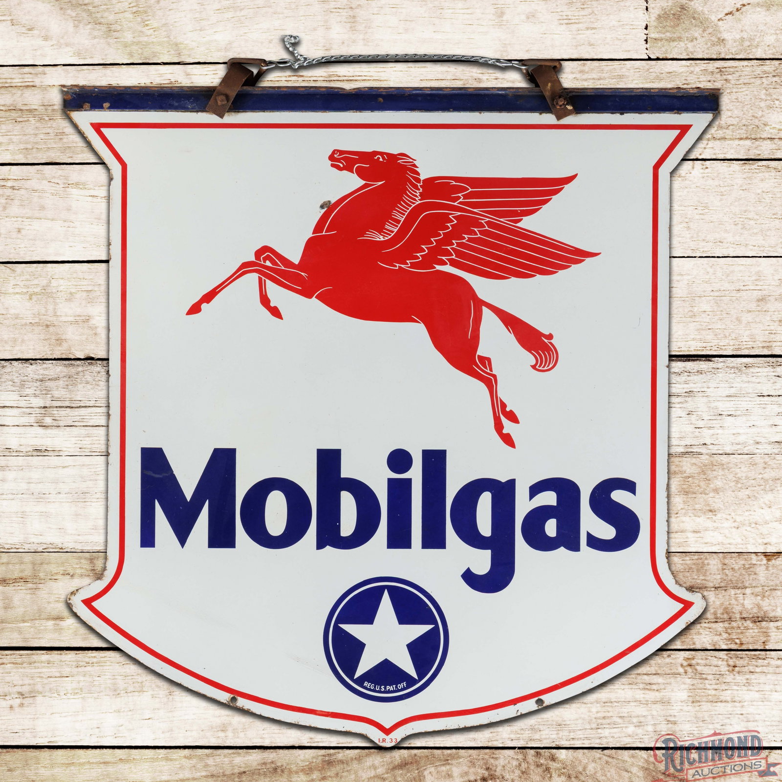 Rare 1933 Mobilgas White Star Gasoline 42" Double Sided Porcelain Sign w/ Pegasus: DSP (double sided porcelain) die cut sign has excellent color and gloss. Side #1 is very clean overall with a tiny color matched chip and a flake in the Pegasus graphic and a chip in the outer right f