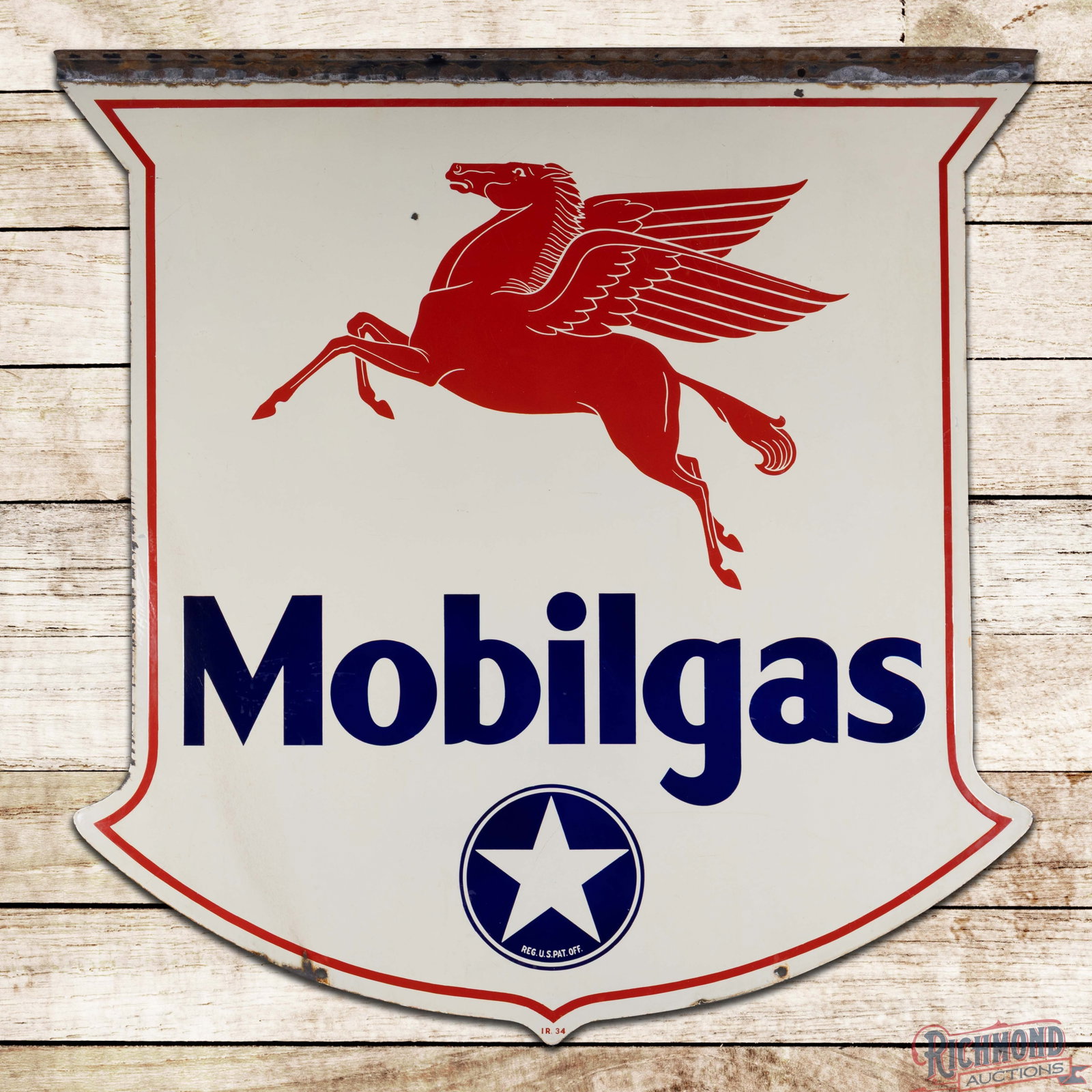1934 Mobilgas White Star Gasoline 54" Double Sided Porcelain Shield Sign w/ Pegasus: DSP (double sided porcelain) die cut sign has excellent color and gloss. Side #1 has light surface wear with small factory blemishes in the "M" and chips at the "S" of Mobilgas. The lower right corner