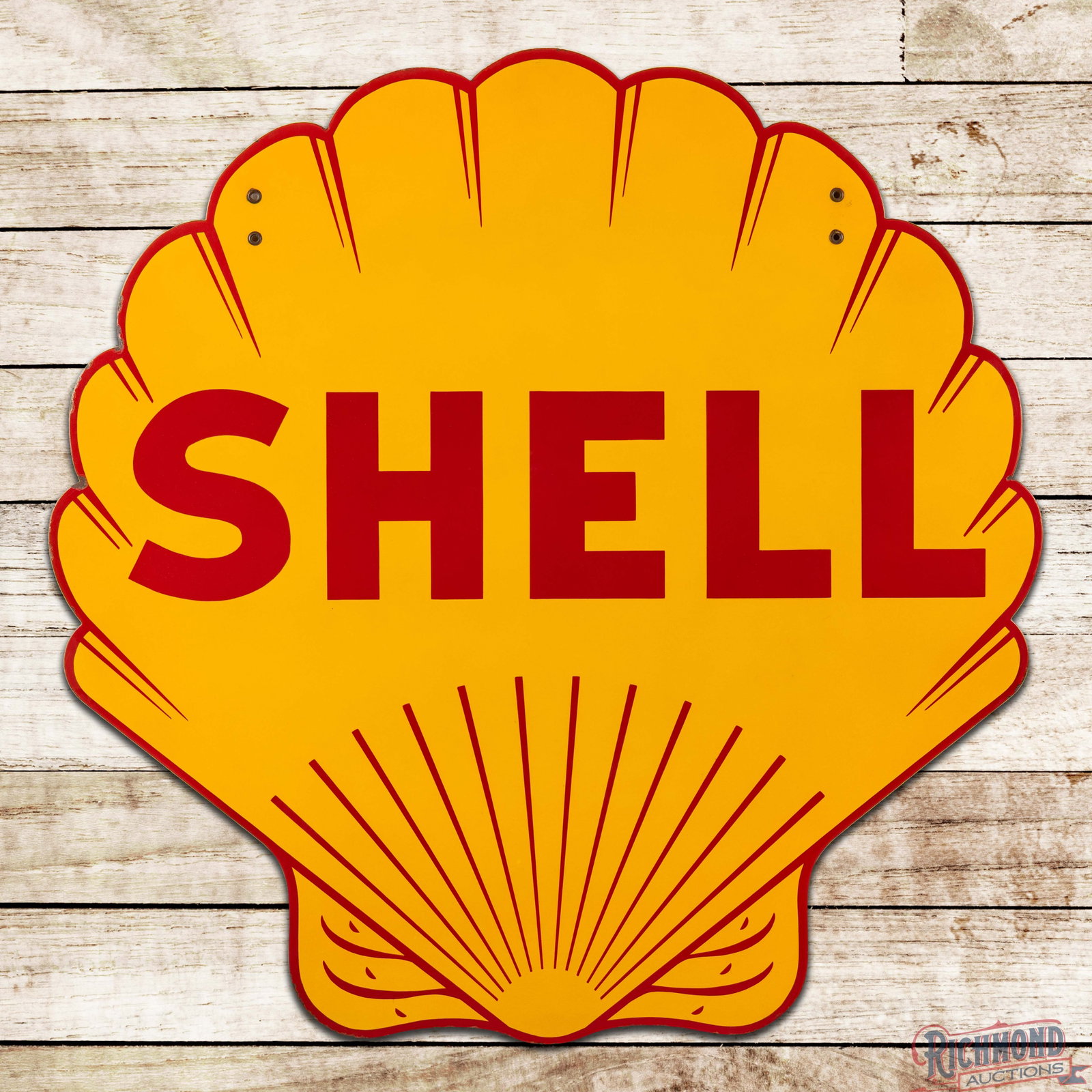 Investment Grade Shell Gasoline 4' Die Cut Double Sided Porcelain Sign: DSP (double sided porcelain) sign has outstanding color and gloss. Side #1 has a clean field with small chips along the outer edges. The reverse has minor surface imperfections in the fields, slight d