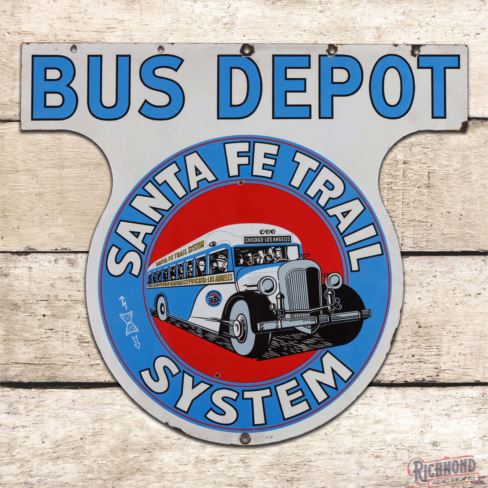 Santa Fe Trail System Bus Depot Die Cut Double Sided Porcelain Sign: DSP (double sided porcelain) die cut sign has very good color. The display has two eraser sized-chips in the field. The display has areas of discoloration and cloudiness and the perimeter has chips at