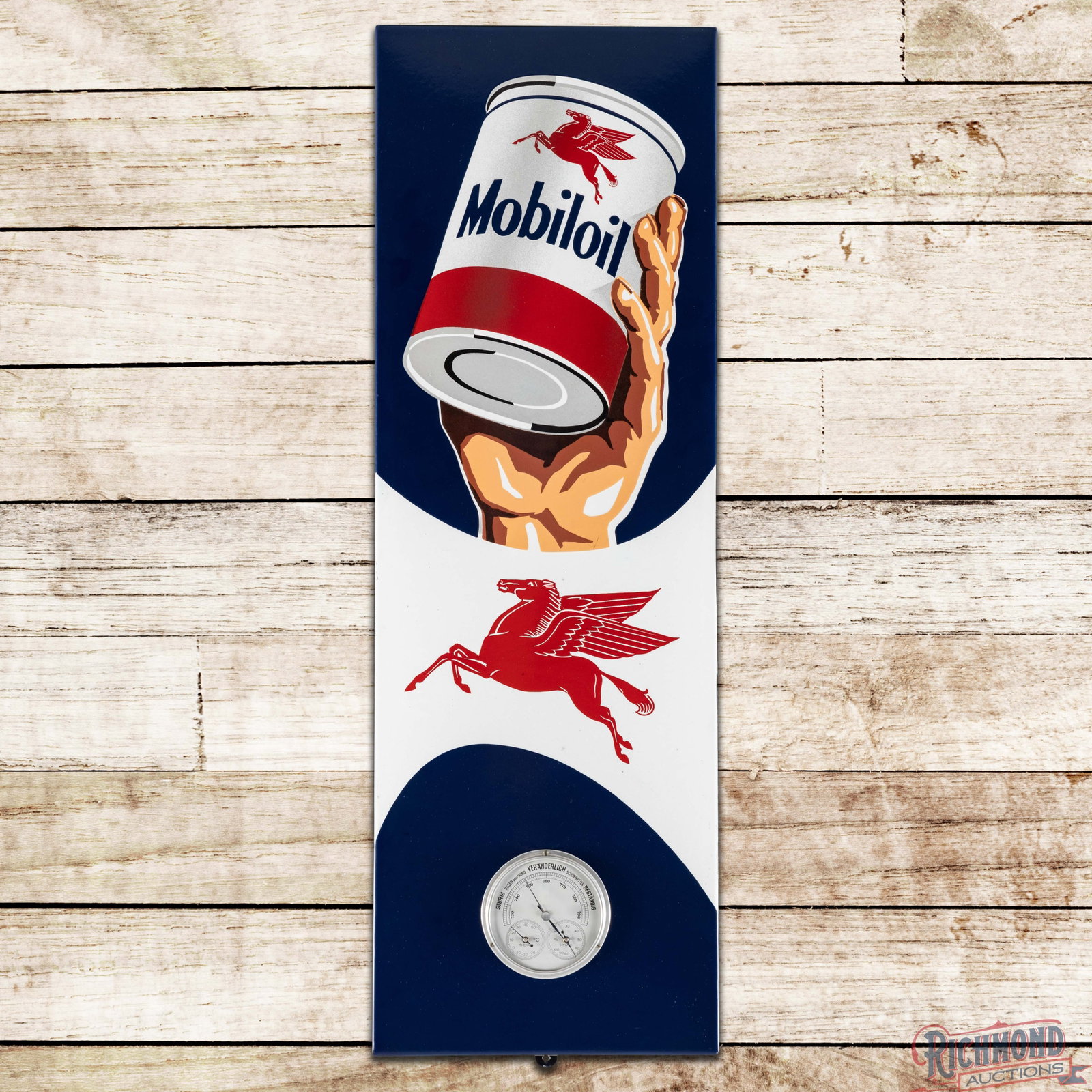 Amazing Mobiloil 36" Single Sided Porcelain Thermometer w/ Pegasus & Hand w/ Quart Motor Oil Can: Outstanding SSP (single sided porcelain) rolled-edge thermometer has day one color and gloss. The field exhibits heavy shelving with a large, detailed hand holding a can of Mobil oil along with a Pega