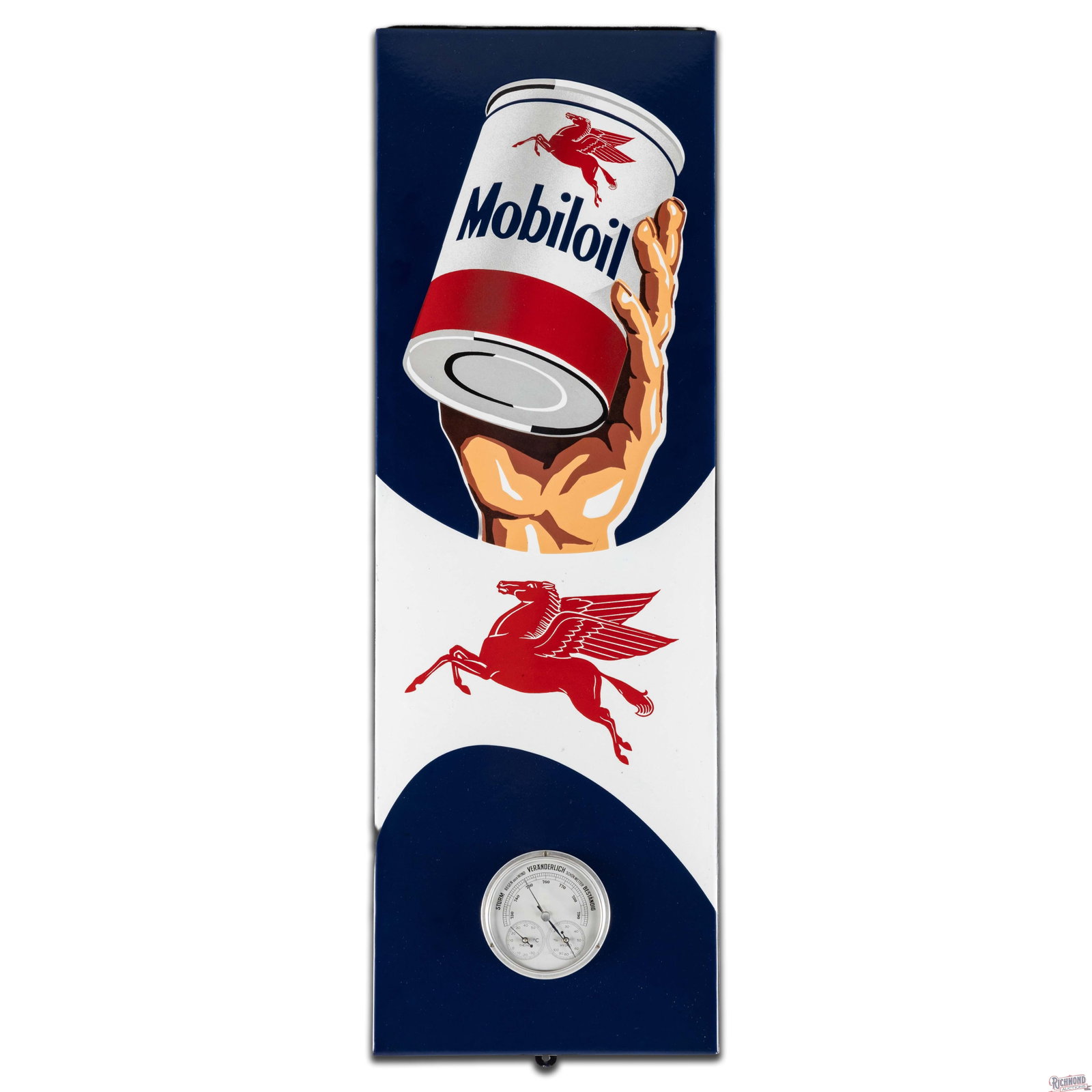 Amazing Mobiloil 36" Single Sided Porcelain Thermometer w/ Pegasus & Hand w/ Quart Motor Oil Can - 2