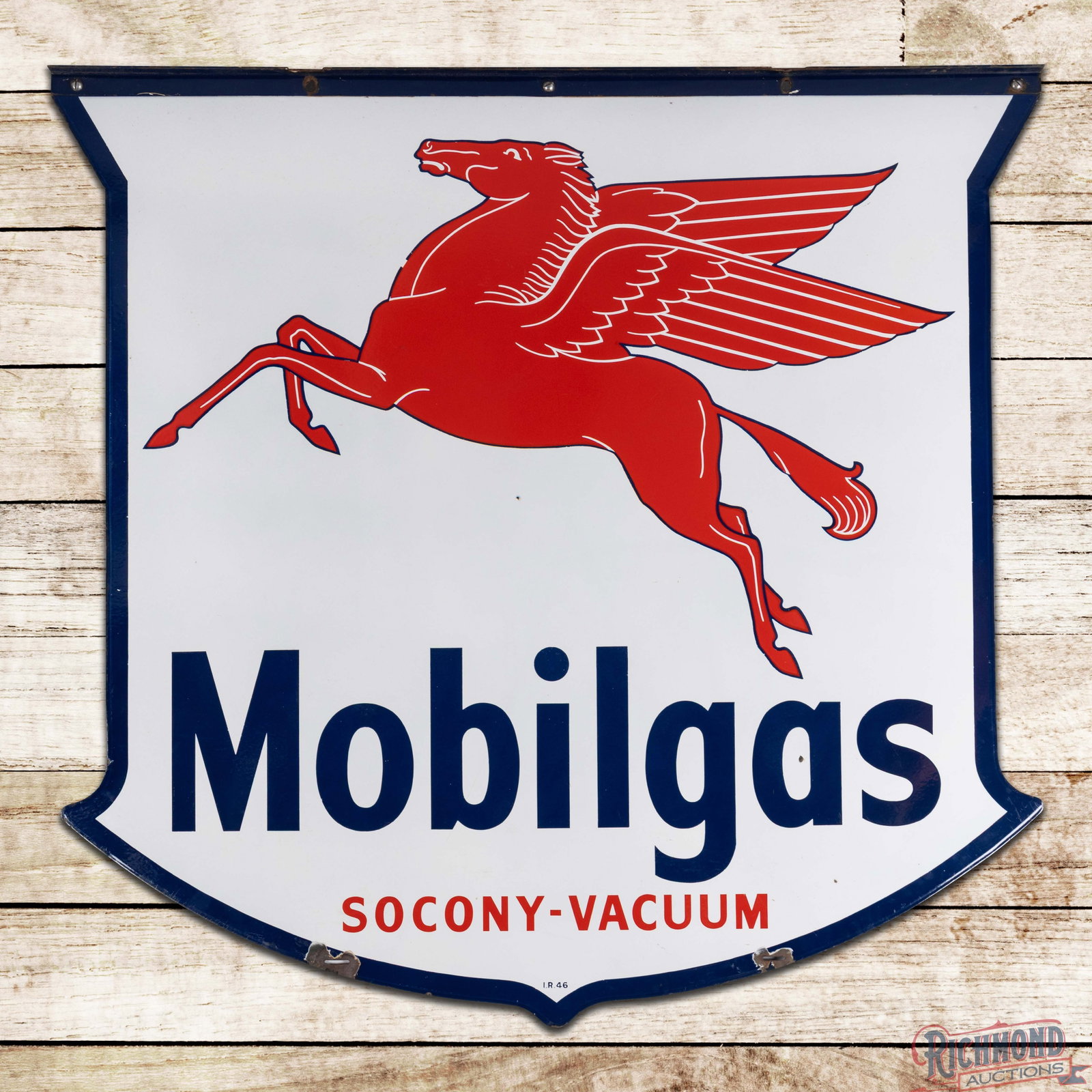 1946 Mobilgas Socony Vacuum 56" Double Sided Porcelain Shield Sign w/ Pegasus: DSP (double sided porcelain) die cut sign has outstanding color and gloss. Side #1 small chips in the field with larger chips at the lower mounting holes. The reverse has additional chips in the field