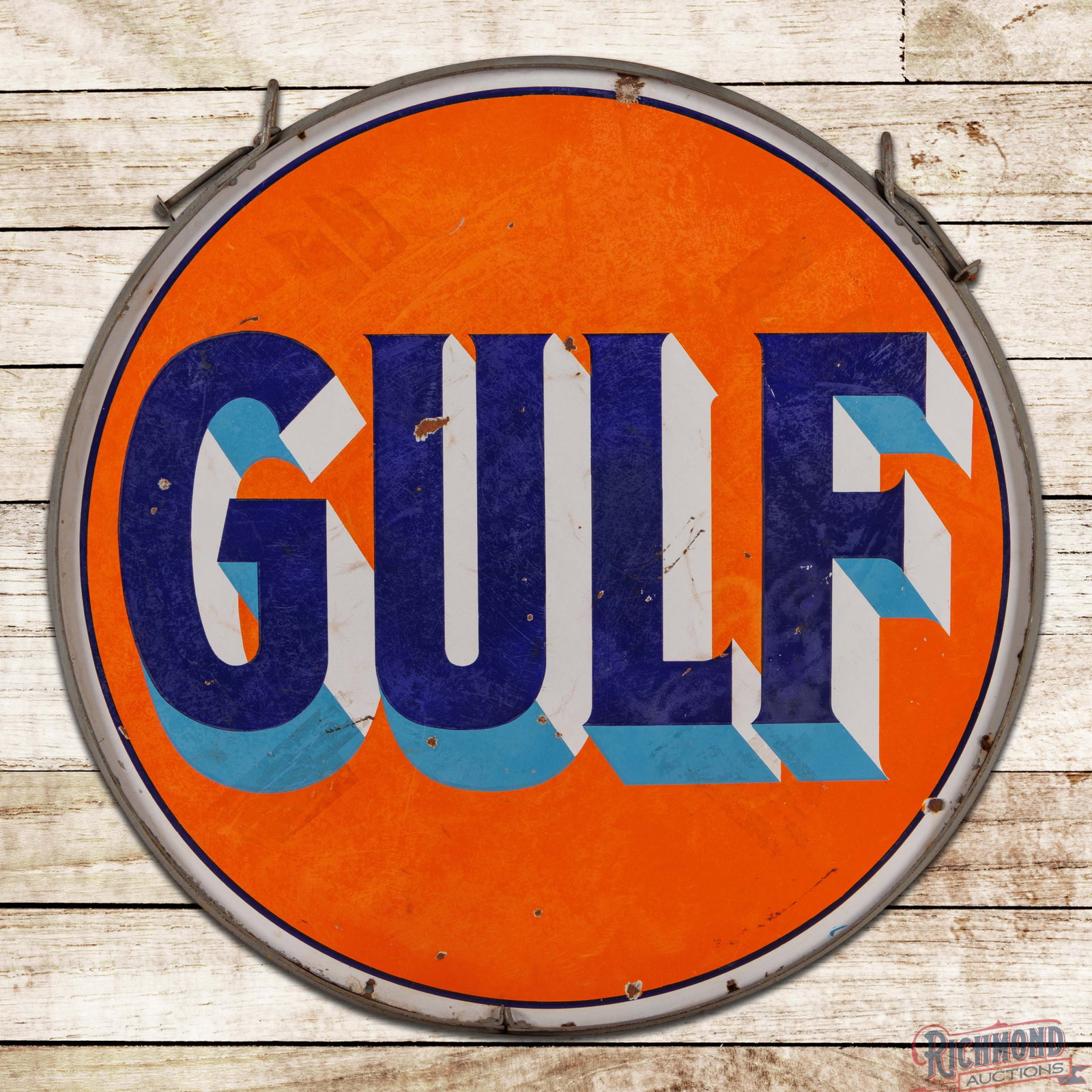 Gulf Gasoline 42" Double Sided Porcelain Service Station Sign w/ Ring (1 of 3)