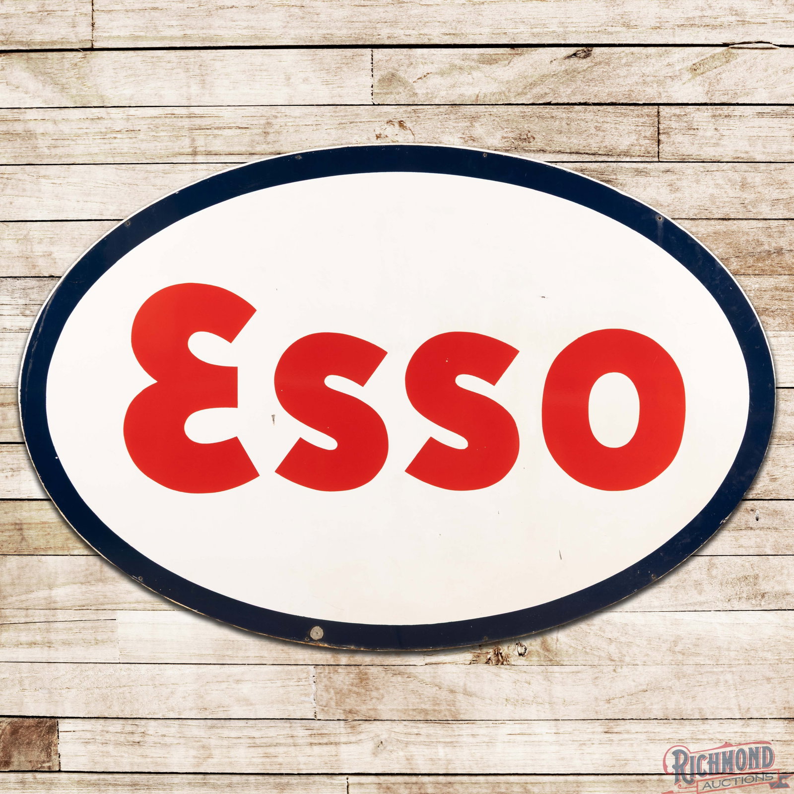 ESSO Gasoline 7.5' Double Sided Porcelain Service Station ID Sign: DSP (double sided porcelain) sign has excellent color and gloss. Side #1 has small chips with errant paint drips and minor discoloration to the white porcelain enamel. The perimeter has a chip on the 