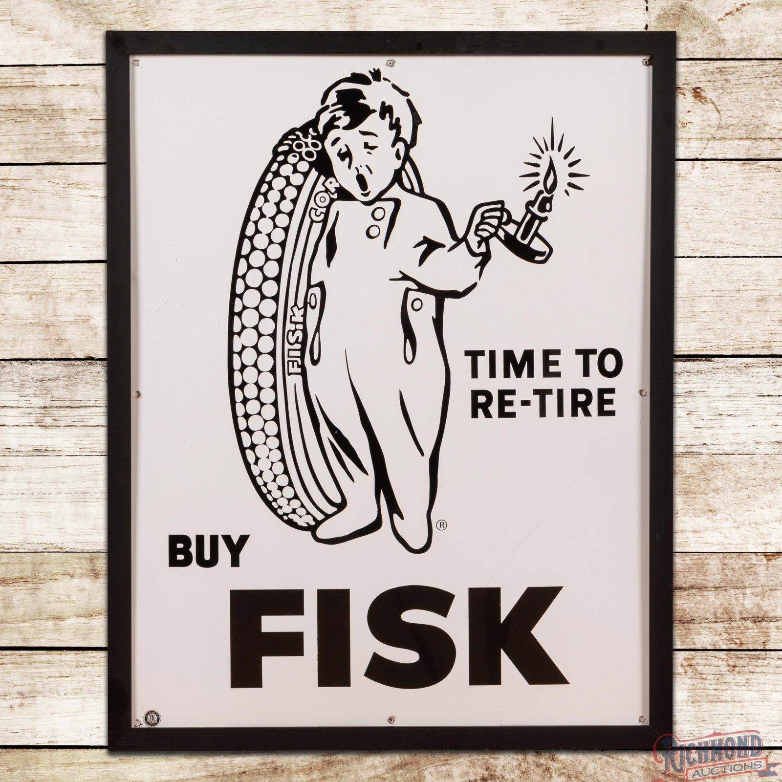 Buy Fisk Tires "Time to Re-Tire" 38" Single Sided Porcelain Sign w/ Boy & Tire: SSP (single sided porcelain) sign with an added frame has outstanding color and gloss. The field is clean with minor marks in the outer fields. The perimeter has light wear with a few small chips at t
