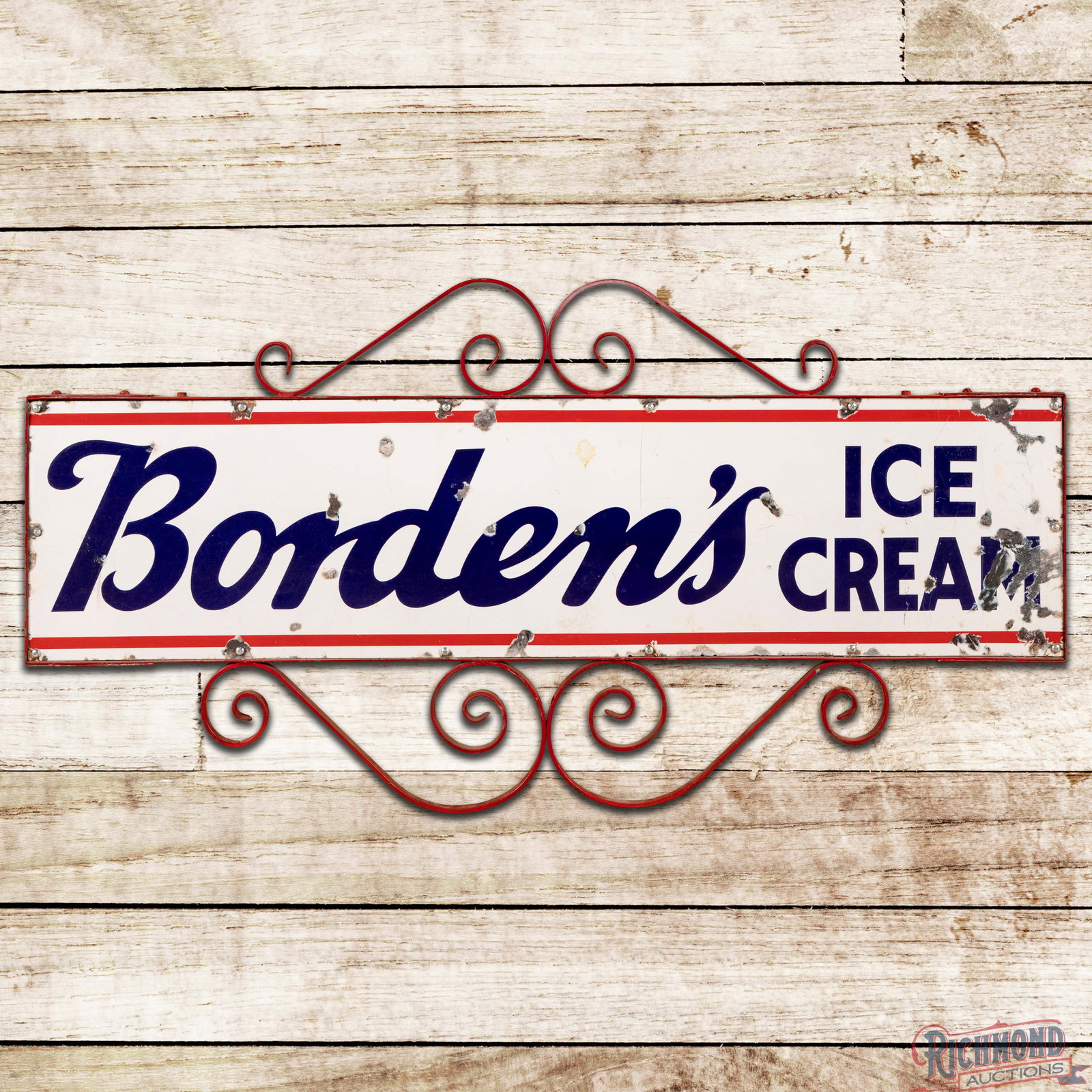 Borden's Ice Cream 5' Single Sided Porcelain Sign w/ Ornate Frame: SSP (single sided porcelain) sign with an added ornate metal frame has good color and gloss. The field has chips with marks and areas of discoloration. The perimeter has additional wear with areas of 