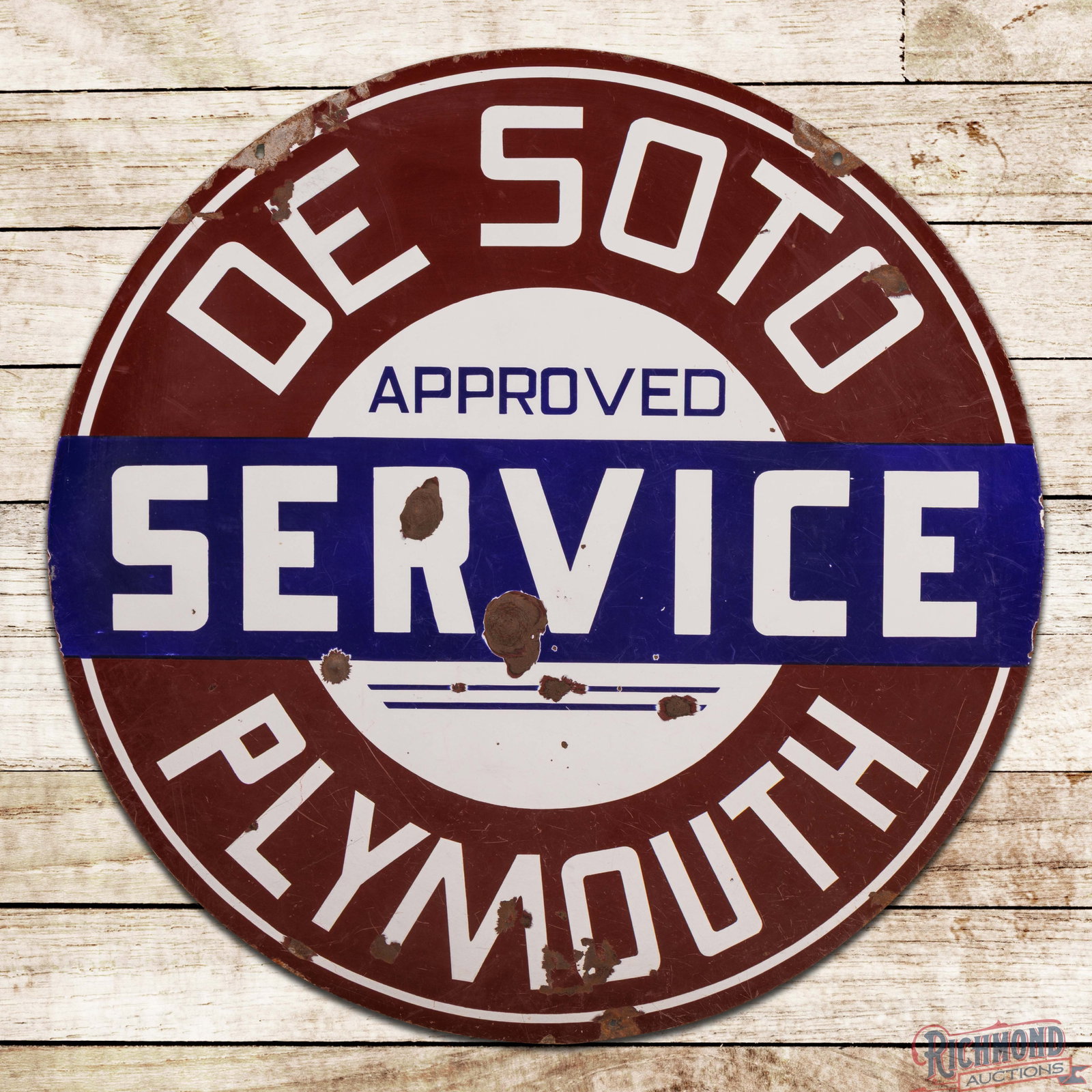 DeSoto Plymouth Service 42" Double Sided Porcelain Sign: DSP (double sided porcelain) sign has good color and gloss. Side #1 has fine scratches and chips in the fields. The perimeter has additional chips with slightly elongated mounting holes and one non-fa