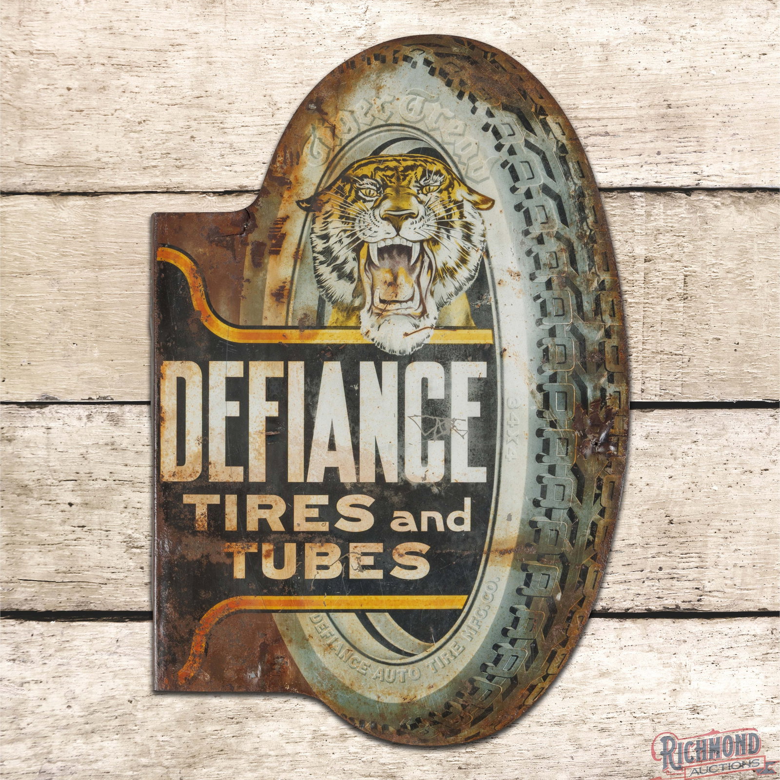 Rare Defiance Tires and Tubes Double Sided Tin Die Cut Flange Sign w/ Tiger: Scarce early DST (double sided tin) flange features a detailed tiger graphic and "Tiger Tread" tires. The display has general wear throughout with non-factory holes along the edges, a small tear on th