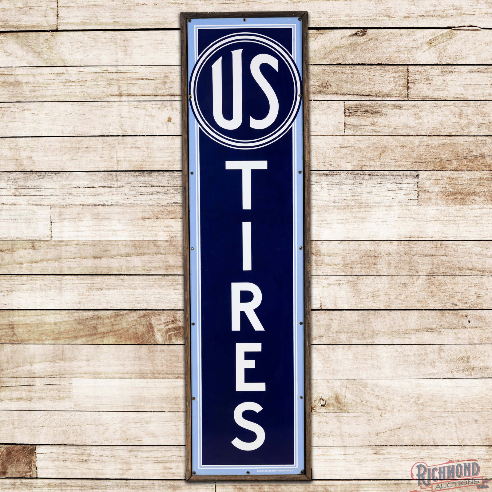 US Tires 6' Single Sided Porcelain Sign w/ Orig. Wooden Frame: SSP (single sided porcelain) sign with the original wooden frame has excellent color and gloss. The field is exceptionally clean with minor surface imperfections and areas of faint cloudiness and disc