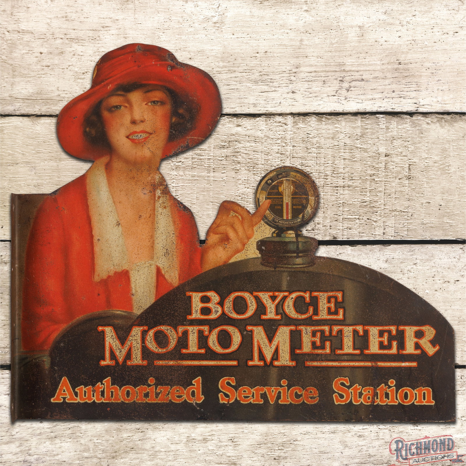Boyce Moto Meter Authorized Service Station Double Sided Tin Die Cut Flange Sign w/ Lady: Highly desirable DST (double sided tin) die cut flange has good color and shine. The flange features a wonderful lithograph image of a lady pointing at a Boyce Motor Meter. The display has general sur