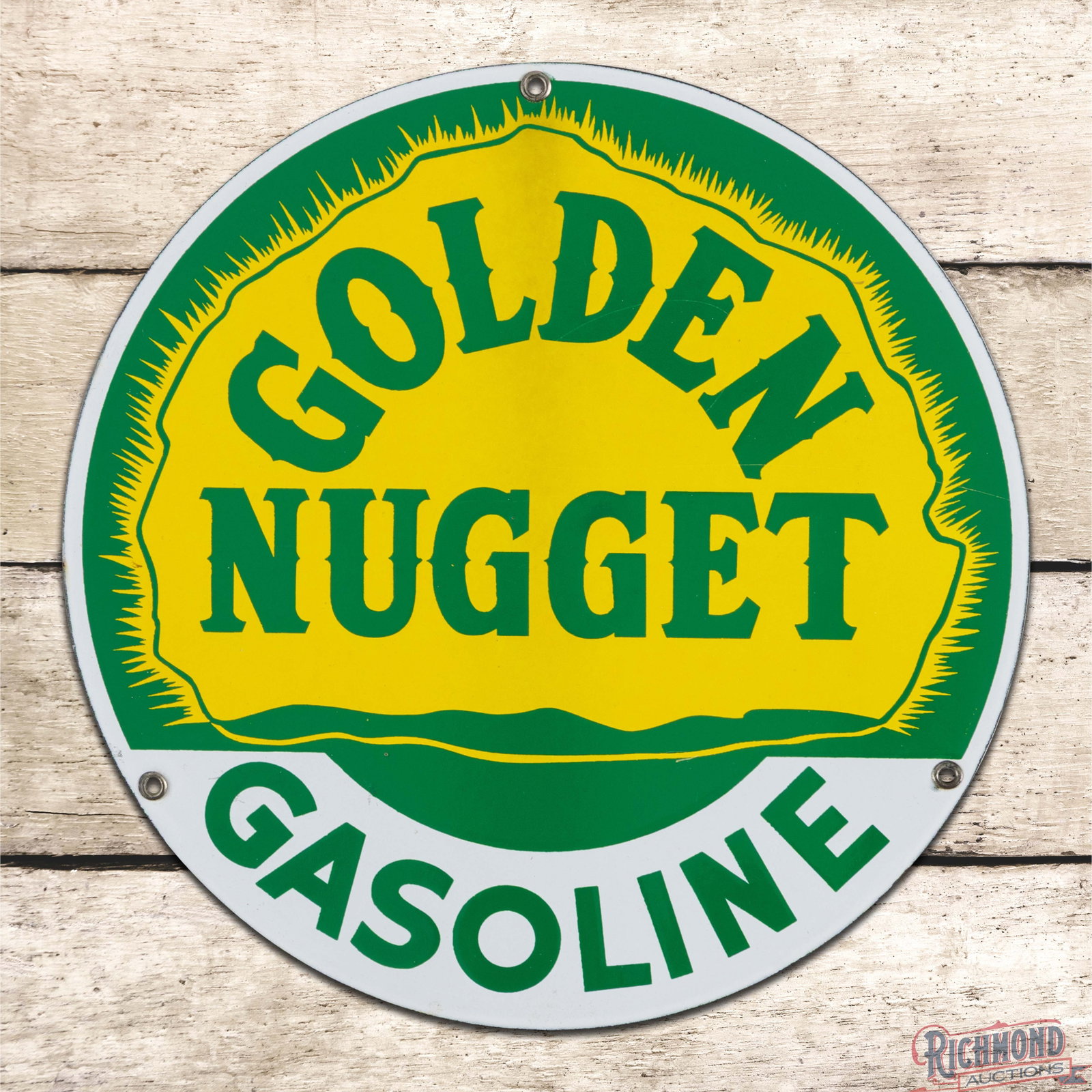 Golden Nugget Gasoline Single Sided Porcelain Pump Plate Sign: SSP (single sided porcelain) pump plate sign has excellent color and gloss. The field features a large gold nugget graphic with unique porcelain enamel colors. The field has light surface wear with an