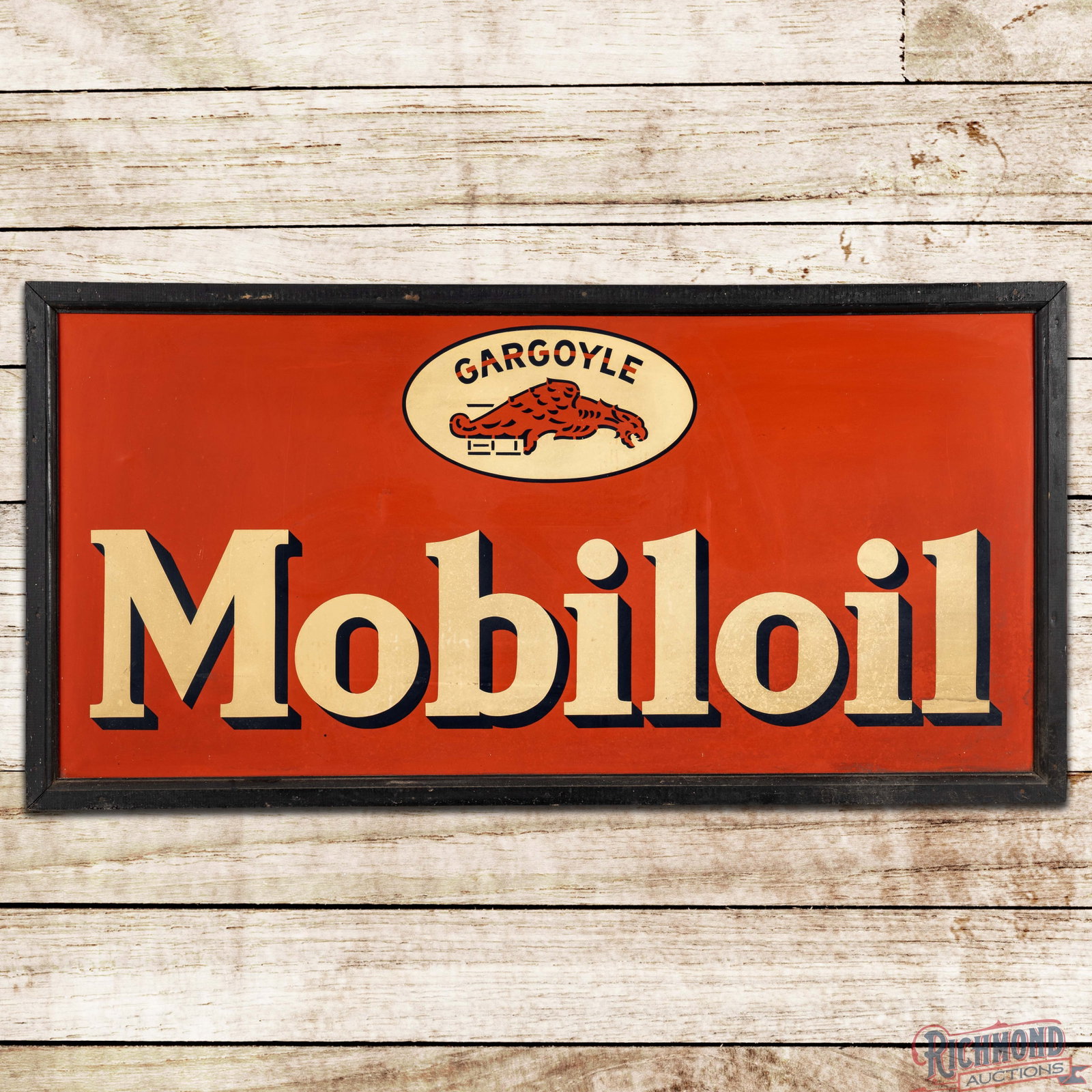 Rare Gargoyle Motor Oil 5' Single Sided Tin Sign w/ Logo: SST (single sided tin) sign with the factory wooden frame has very good color and shine. The field has toning to the white with light wear, minor fine scratches and small indentations. The perimeter h