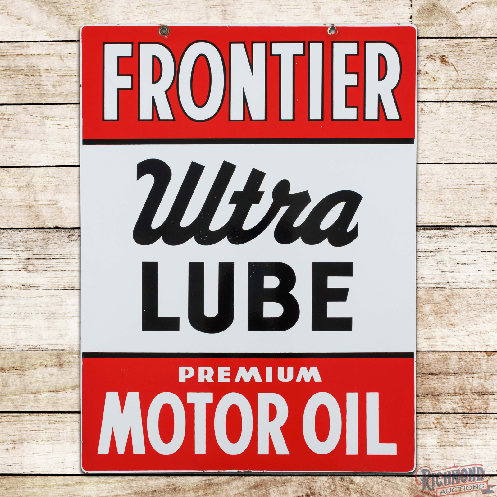Frontier Ultra Lube Premium Motor Oil 30" Double Sided Porcelain Service Station Sign: DSP (double sided porcelain) sign has excellent color and gloss. The display has light wear in the fields with small chips along the perimeter. The reverse is in a similar condition with a small chip 