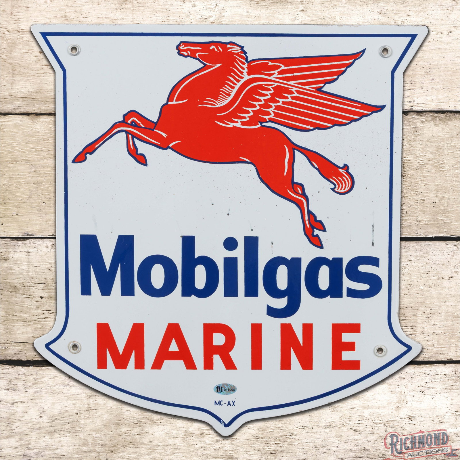 Mobilgas Marine Gasoline Single Sided Porcelain Pump Plate Sign w/ Pegasus: SSP (single sided porcelain) pump sign has excellent color and gloss. The field exhibits numerous tiny chips with surface scuffs. The perimeter has minor imperfections and all four factory grommets ar