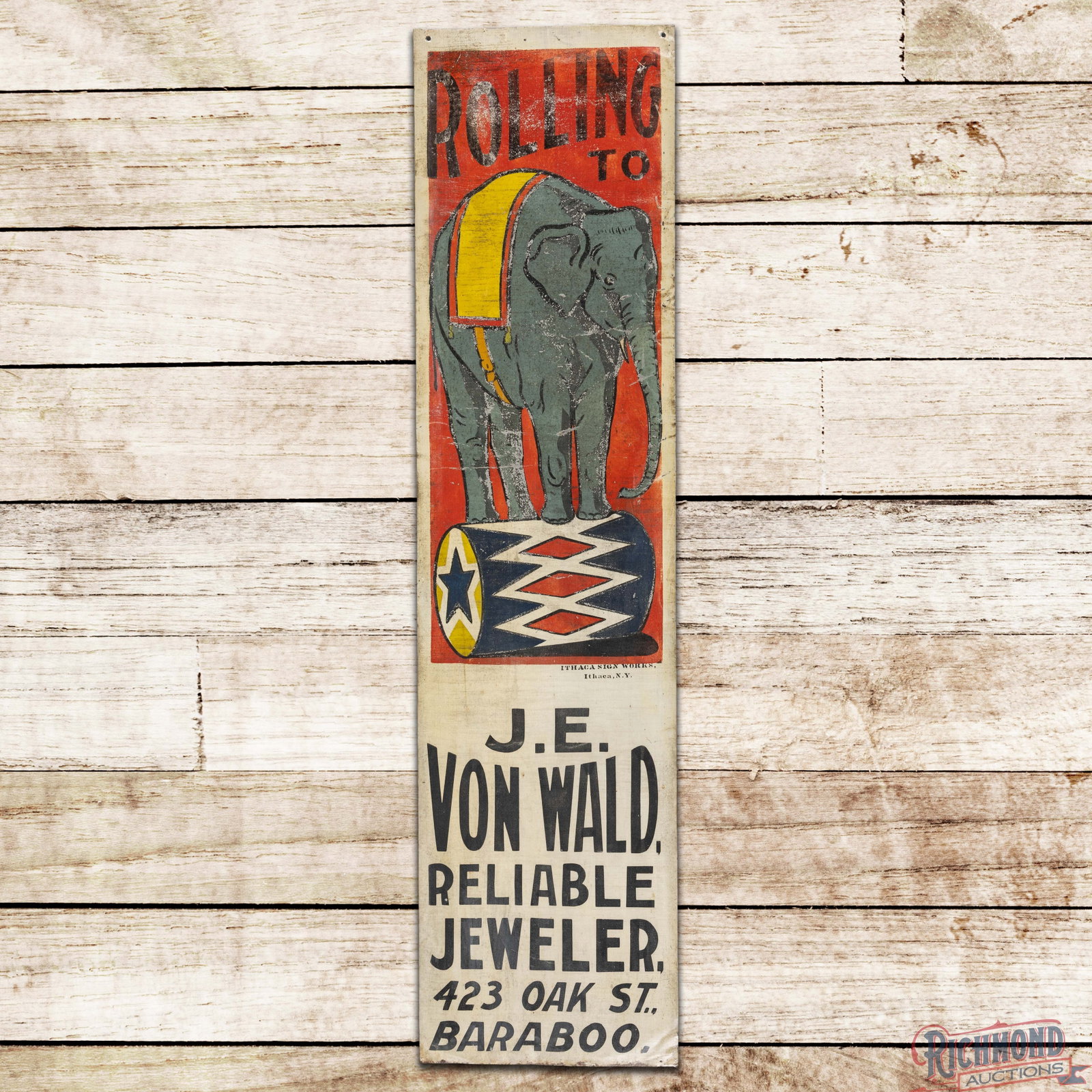 Rolling to J.E. Von Wald Reliable Jeweler Baraboo Single Sided Tin Ithaca Sign w/ Circus Elephant (1 of 3)