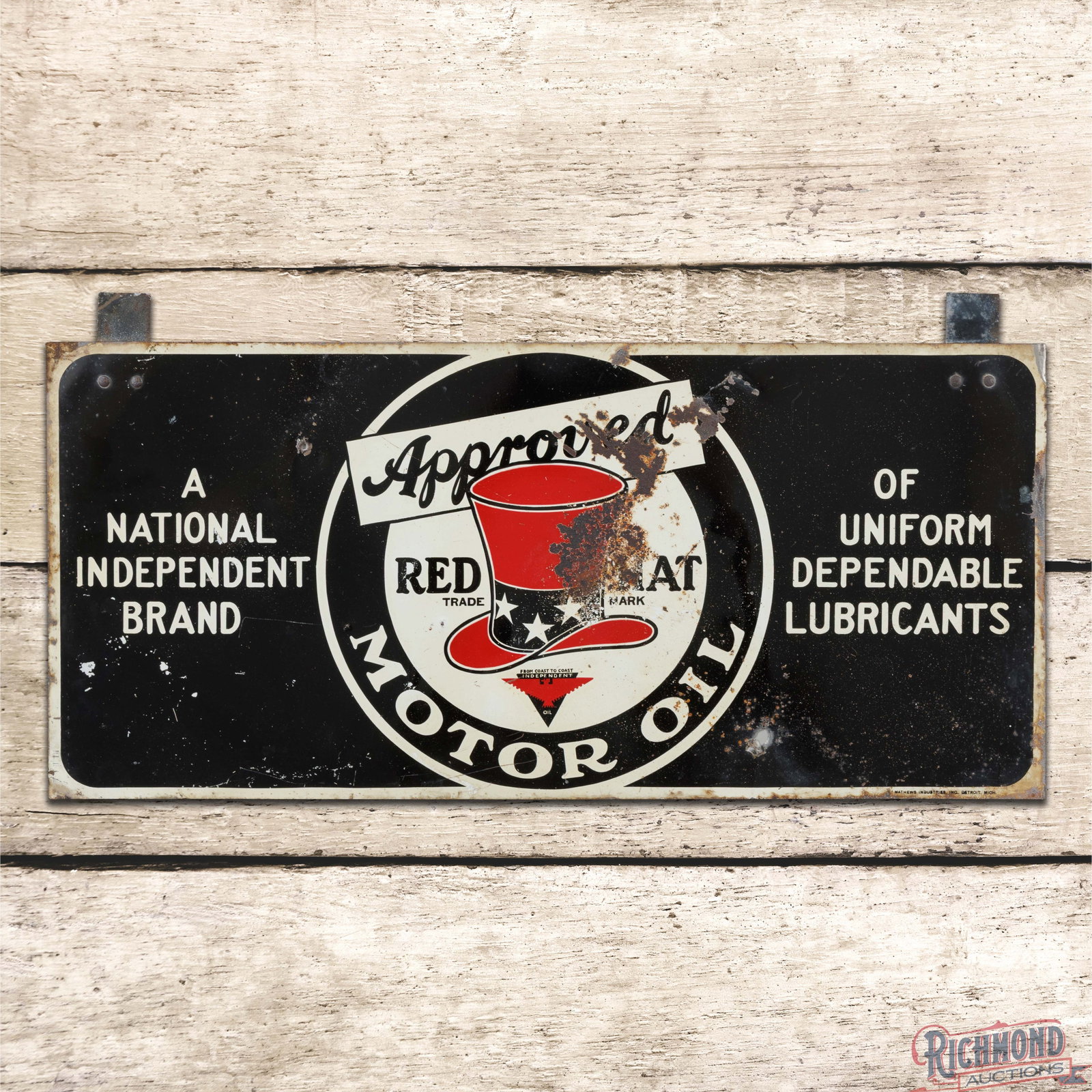 Scarce Red Hat Motor Oil "National Independent Brand" Single Sided Tin Sign w/ Logo: SST (single sided tin) sign has good color and shine. The field exhibits general wear with paint chips, tiny dings and two non-factory holes in the outer fields. The perimeter has small edge bends wit