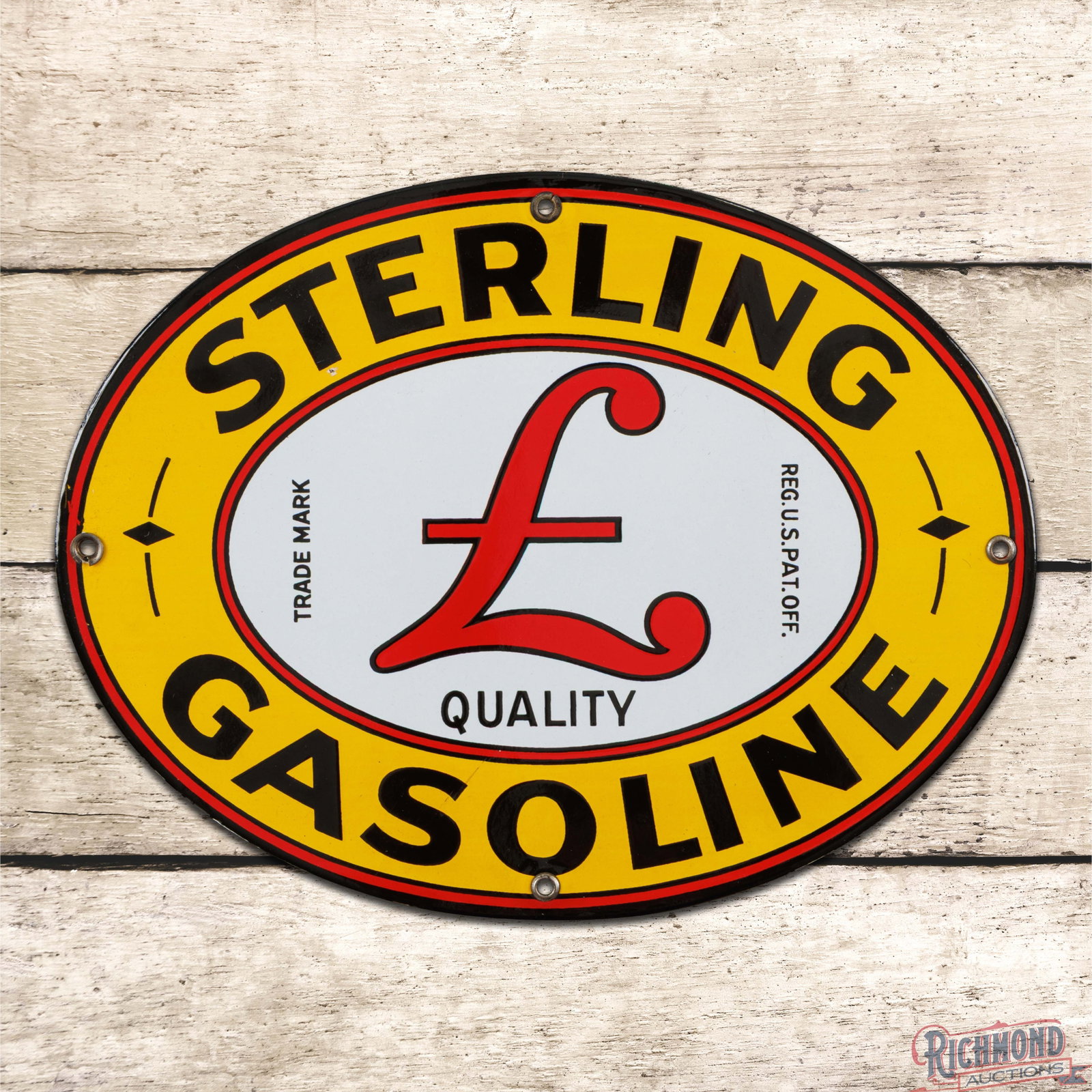 Sterling Gasoline Single Sided Porcelain Pump Plate Sign: SSP (single sided porcelain) pump plate has outstanding color and gloss. The field is clean with tiny scratches in the "S" of Gasoline and tiny factory blemish below the "T" in Sterling. The perimeter